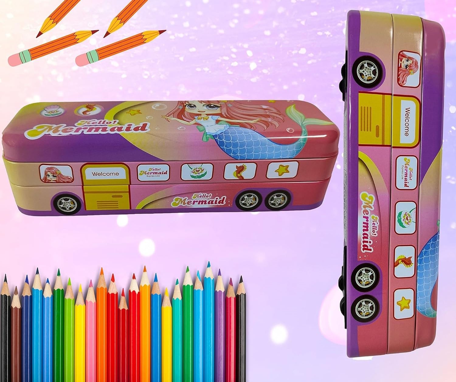 Prayosha Enterprise Metal String Operated Wheel Bus-Shaped Pencil Case - Colorful Geometry School Supply Box with Pull & Move Function (Hello Mermaid Design) for Students, Backpack Organization & Unique Gift Ideas
