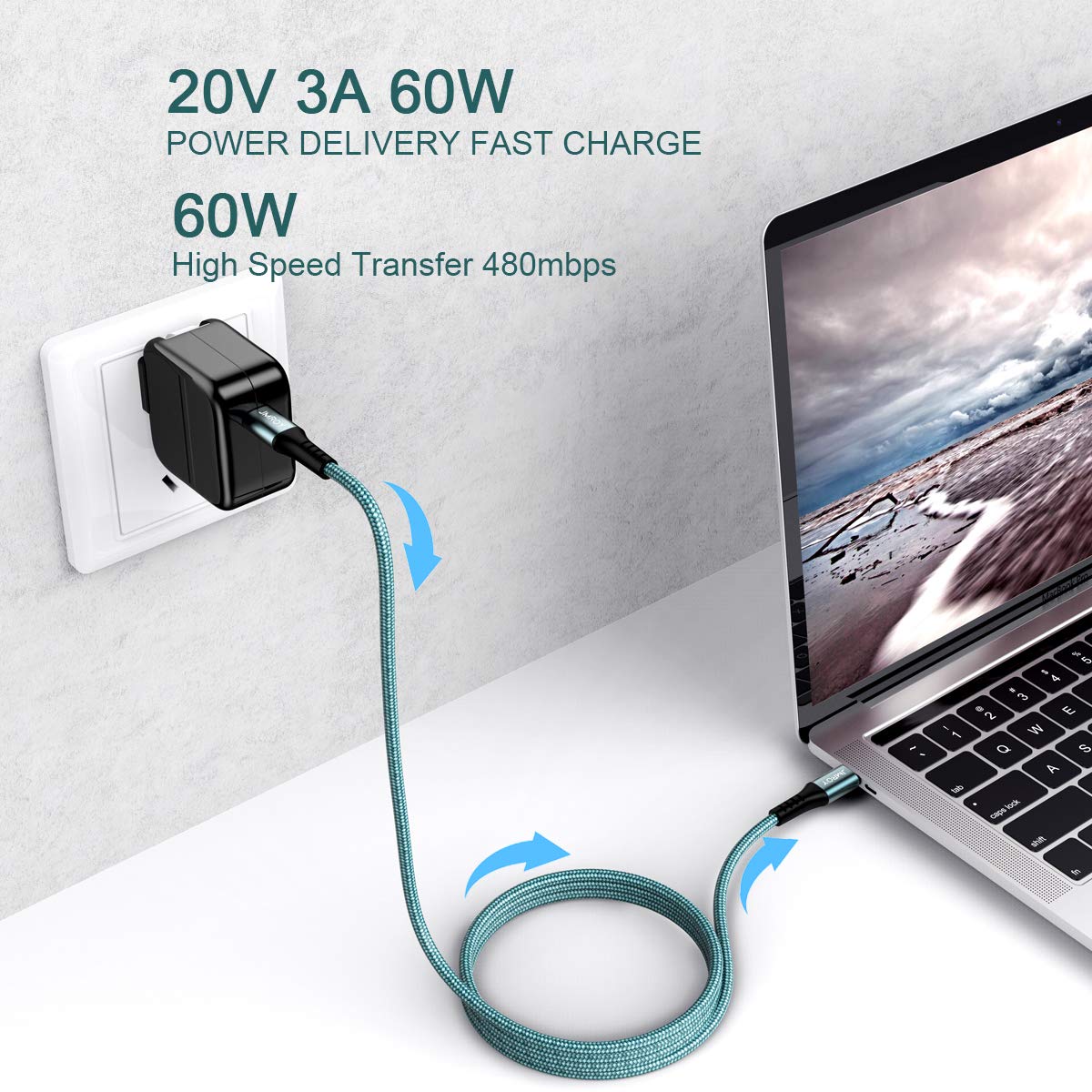 JMROY 60W USB C to USB C Fast Charging Cable (6.6ft/2M) - PD Compatible with iPhone 15, MacBook, iPad Pro/Air, Galaxy S23/S22, Pixel 6/5 - Perfect for Home, Office & Travel Charging