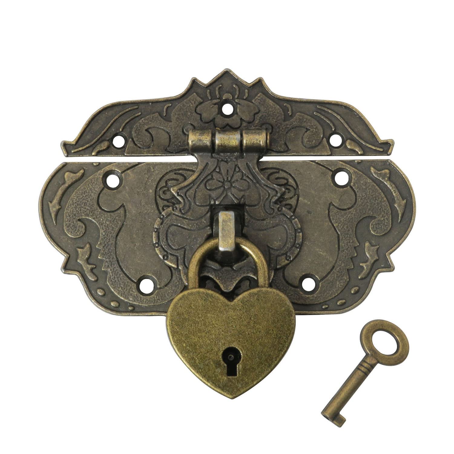 Antique Bronze Zinc Alloy Hasp Latch with Heart-Shaped Padlock & Key - Secure Wooden Jewelry Box Hardware with Mounting Screws - Perfect for Keepsake Chests, Treasure Boxes & DIY Craft Projects
