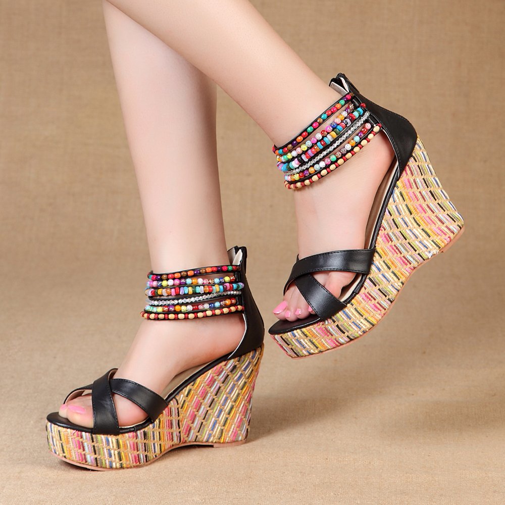Getmorebeauty Women's Pearl Embellished Wedge Sandals - Comfortable Platform High Heels for Summer, Beach, and Casual Outings