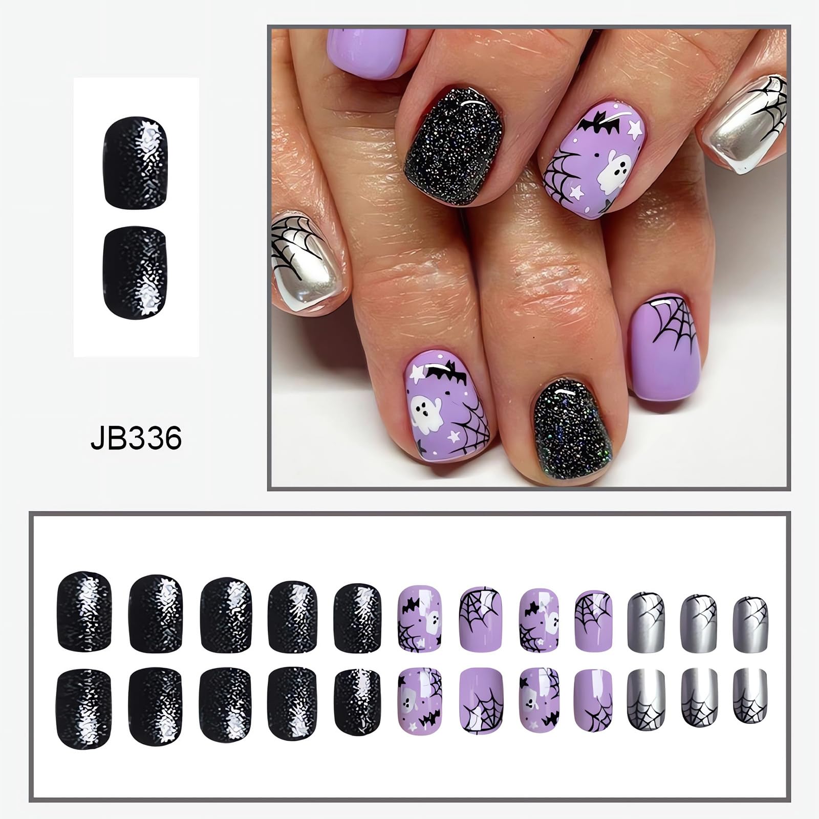 24Pcs Halloween Press On Nails Short Square - Black Purple Fake Nails with Ghost Bat Spider Web Designs | Full Cover Glue On Nails for Women | Perfect for Halloween Parties, Costume Events & Nail Decorations