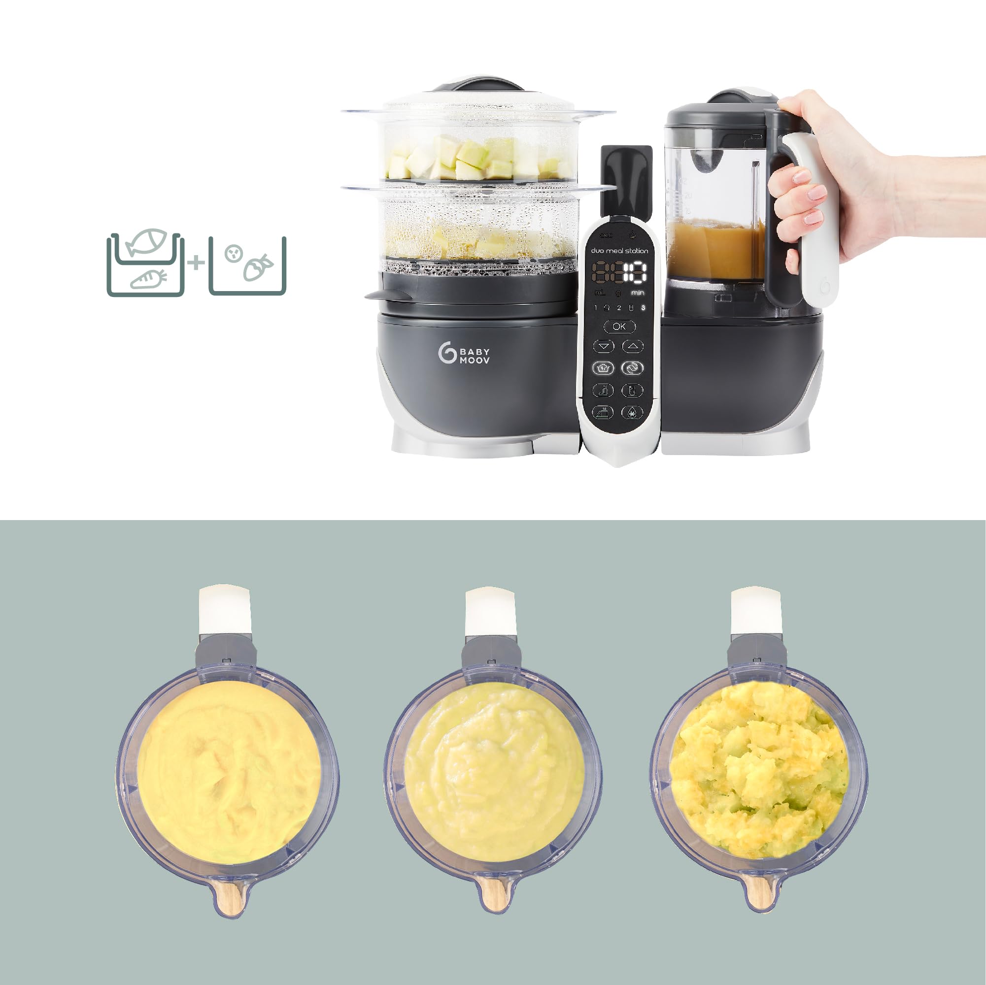 Babymoov Duo Meal Station Grey - 3-in-1 Baby Food Maker with Steamer, Blender & Warmer | Multi-Speed Puree Processor for Infant Nutrition | Defrosts & Heats Meals | Pediatrician & Nutritionist Approved | Perfect for Home Use & Travel Feeding