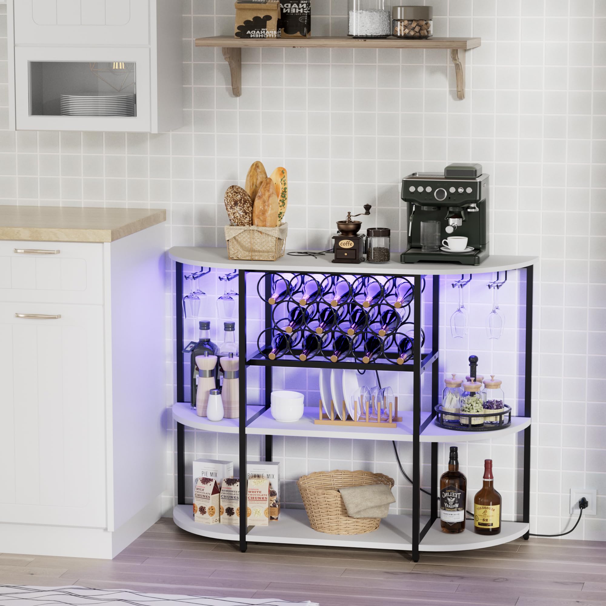 Shahoo White Wine Bar Cabinet with Storage Rack, Built-in Power Outlets & LED Lights - Glass Shelves for Liquor Bottles & Stemware - Perfect for Home Kitchen, Dining Room or Entertainment Area