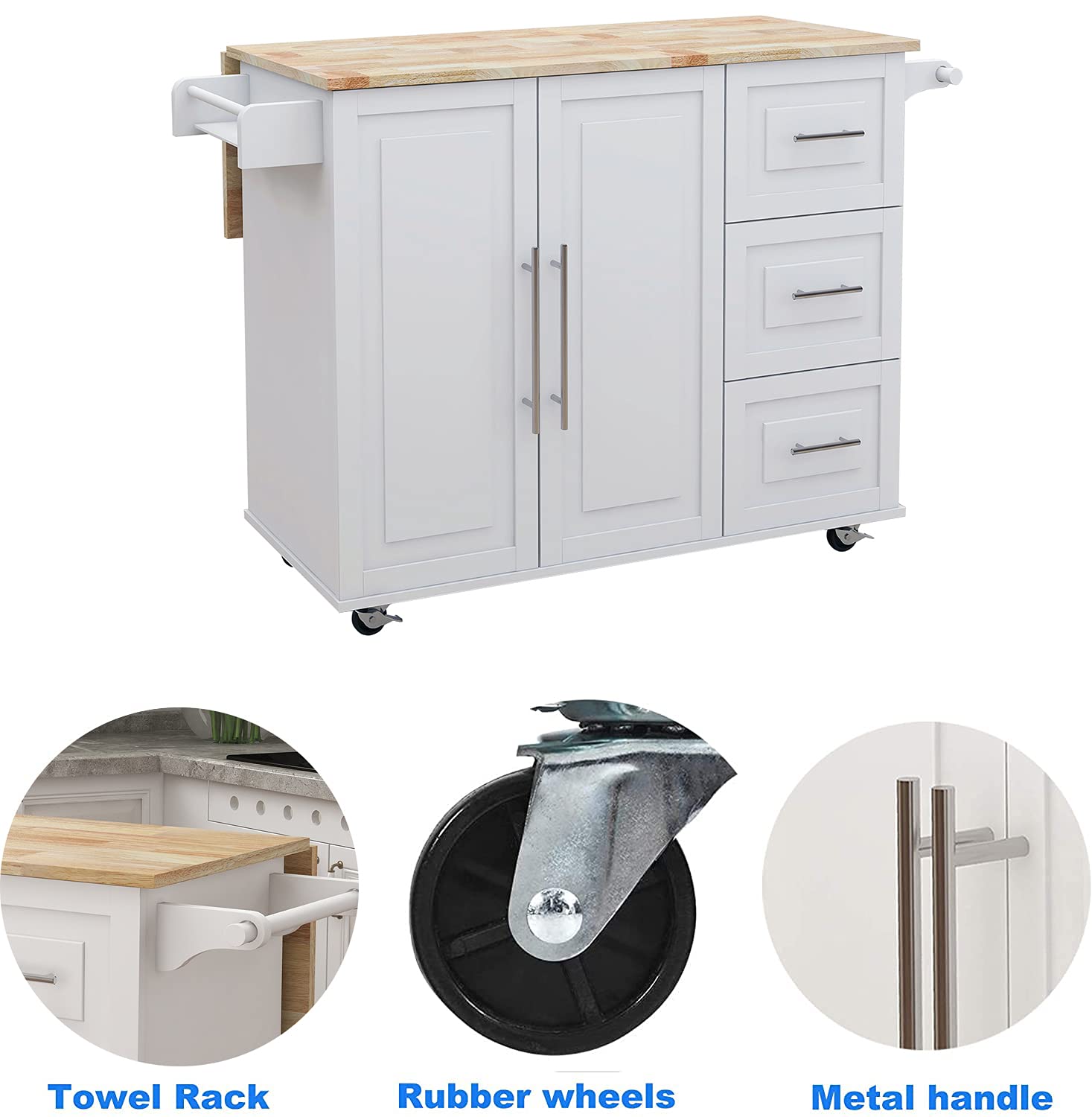 Upgraded Thick Wood Kitchen Island Cart with Wheels & Drop-Leaf Top - Large Folding Extendable Dining Table Cart with Storage Cabinet & 3 Drawers (White) | Perfect for Small Kitchens, Breakfast Nooks & Entertaining Guests