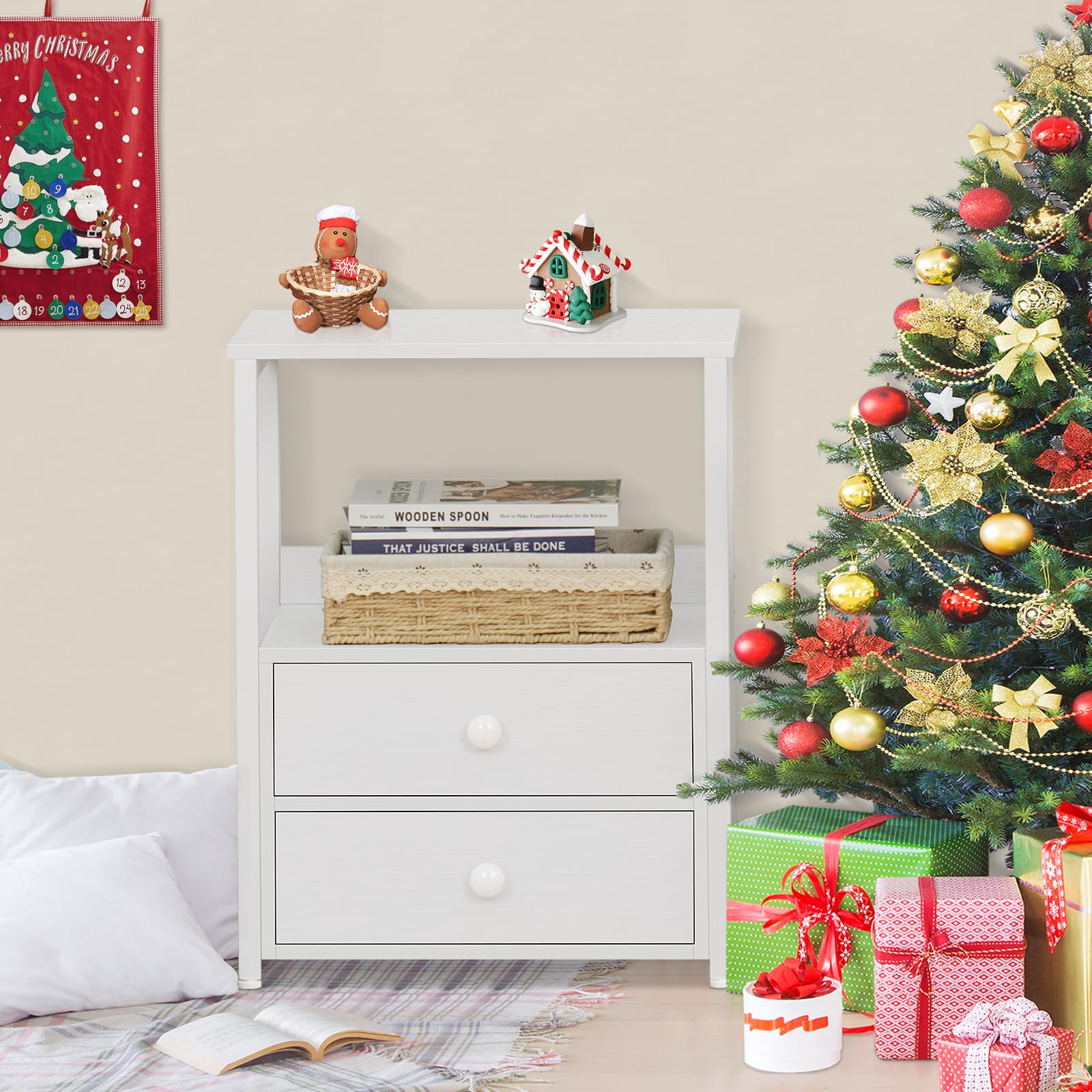 Industrial Nightstand with 2 Drawers & Open Shelf - Steel Frame Bedside Table for Bedroom & Living Room - Sturdy White End Table for Small Spaces - Perfect for Apartment, Dorm, Guest Room & Home Office