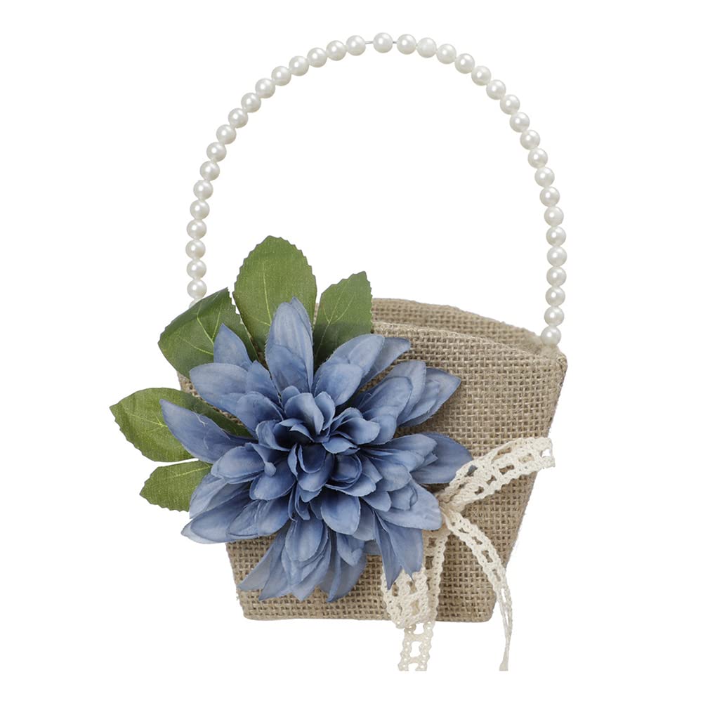 Vintage Rustic Jute Flower Girl Basket with Pearl Handle - Small Burlap Wedding Basket for Petals, Candy & Gifts - Perfect for Boho, Country & Vintage Wedding Ceremonies