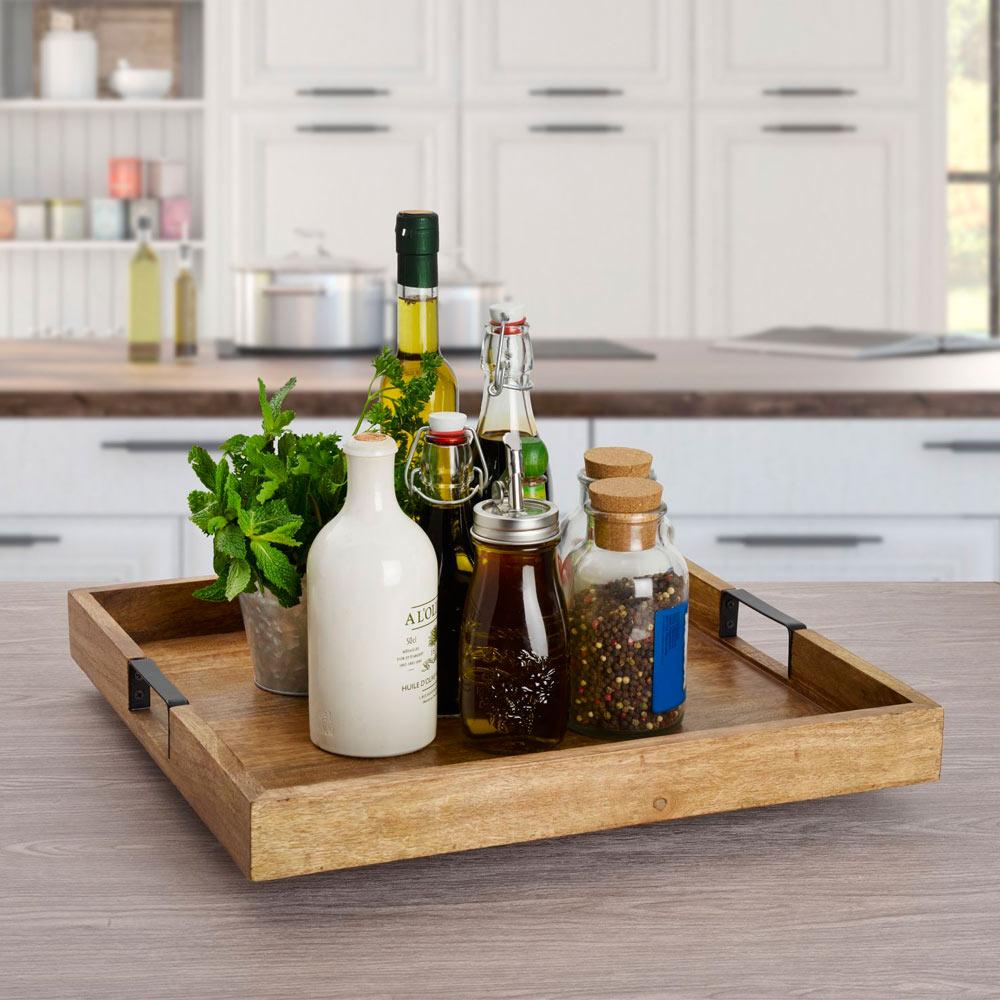 Square Lazy Susan Serving Tray - 360° Rotating Turntable for Dining Table, Kitchen Counter, Buffet & Party Serving | Durable Wooden Organizer for Spices, Condiments & Food Display