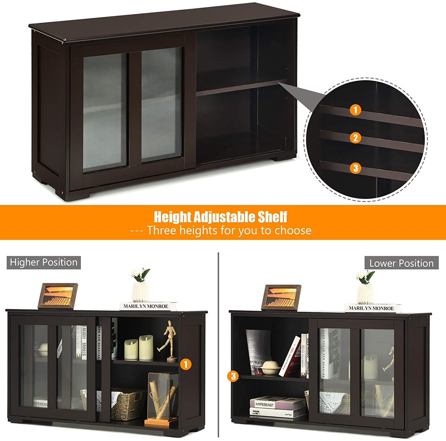 Stackable Sideboard Buffet Cabinet with Adjustable Shelf & Glass Sliding Doors - Wooden Credenza Storage Table for Kitchen, Dining Room, Living Room & Entryway - Perfect for Coffee Bar Setup, Home Organization & Stylish Storage Solutions