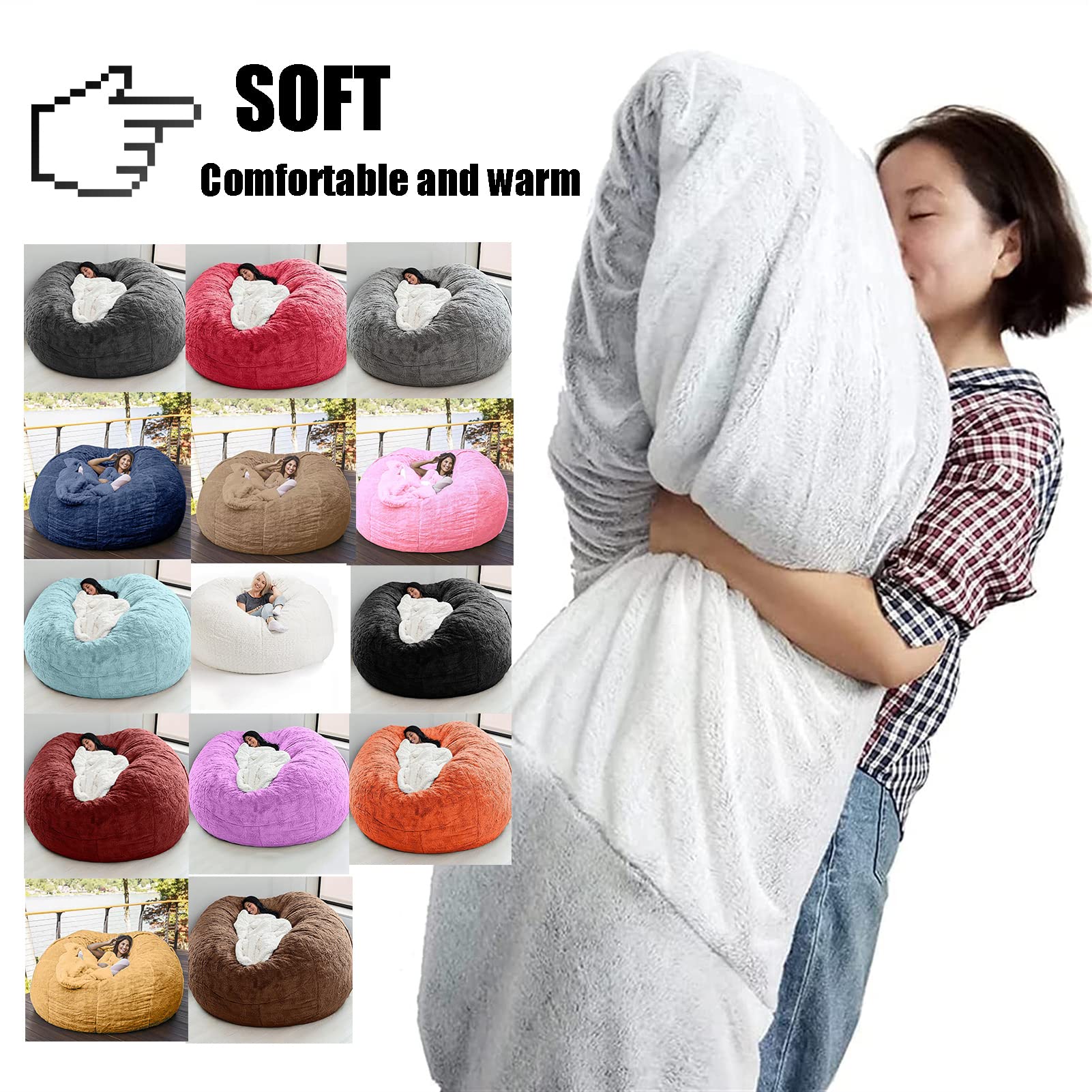 5FT/6FT/7FT Giant Bean Bag Chair Cover - Breathable & Comfortable Faux Fur Sofa Cover Without Filling for Adults - Light Grey Big Round Soft Fluffy Living Room Furniture | Perfect for Lounging, Gaming & Relaxing in Bedroom or Dorm