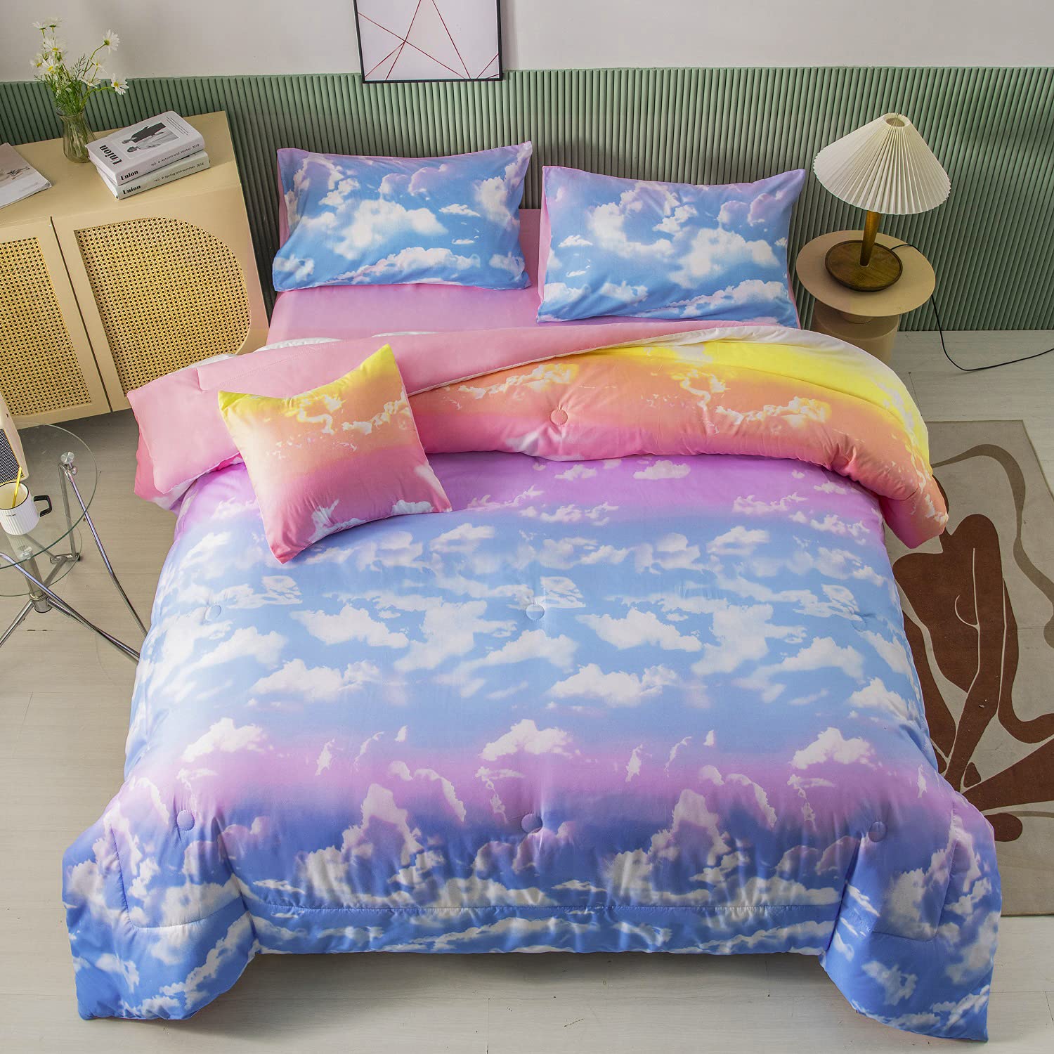 PERFEMET White Cloud Print Girls Comforter Set Queen Size 6 Pieces - Tie Dye Rainbow Bedding Set for Teen Girls - Includes Comforter, Sheets & Pillowcases - Perfect for Dorm Rooms, Sleepovers & Birthday Gifts