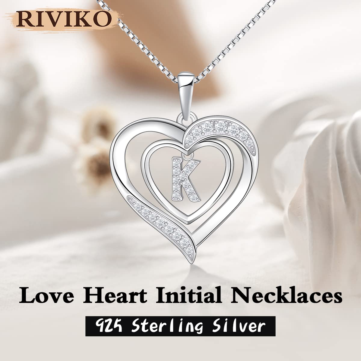 RIVIKO Personalized 925 Sterling Silver Heart Initial Necklace for Women - Custom Letter Pendant Charm Jewelry for Valentine's Day, Mother's Day, Anniversary, Christmas & Birthday Gifts - Perfect for Her, Mom, Wife | Elegant Everyday Wear & Special Occasion Gift