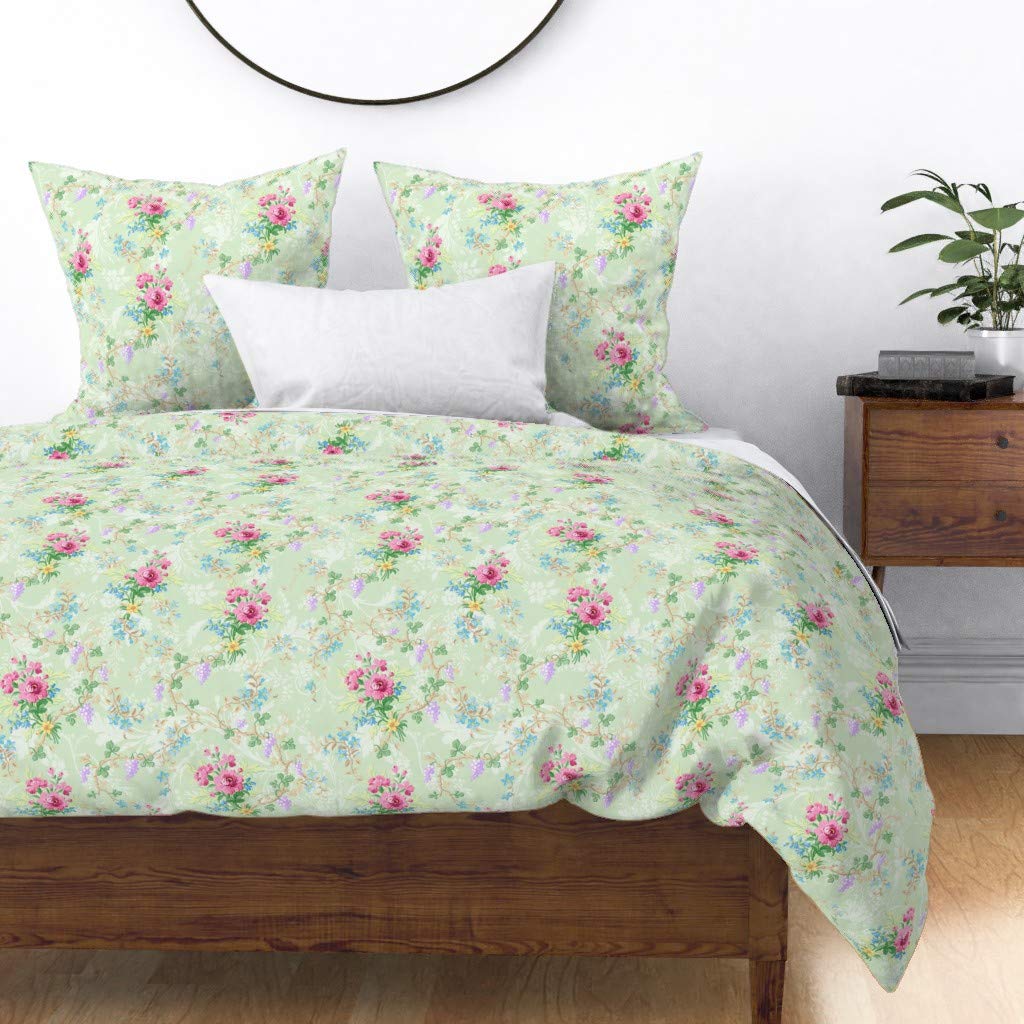 Premium Cotton Sateen Duvet Cover Full/Queen Size - Vintage Floral Roses Wedding Garden Print in Green | French Cottage Decor for Spring, Easter & Botanical Bedroom Styling