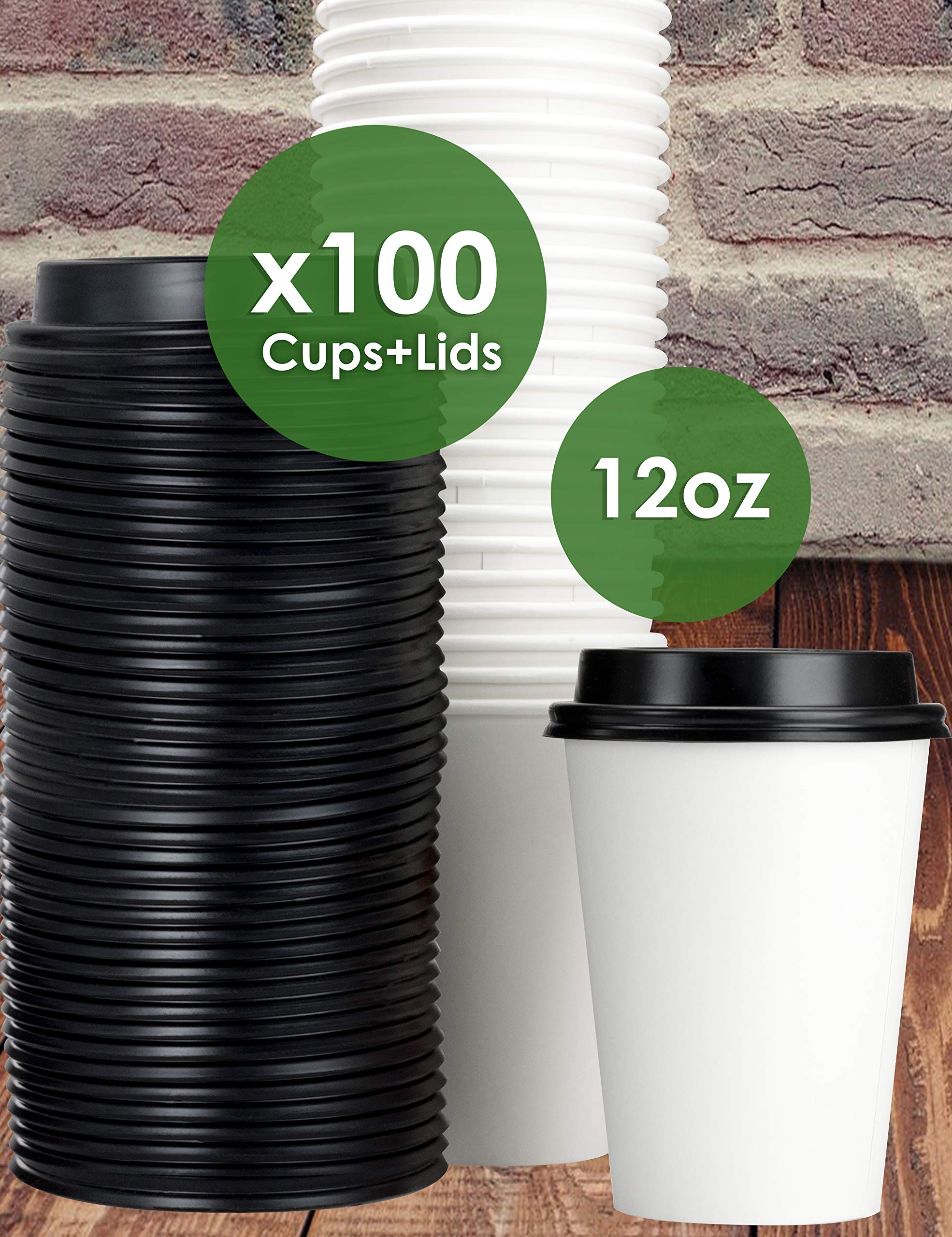 Eco-Friendly 12 Oz White Paper Coffee Cups with Recyclable Dome Lids - 100 Pack BPA-Free Disposable Cups for Hot Tea & Lattes - Perfect for Cafes, Coffee Shops, Kiosks, and Office Break Rooms