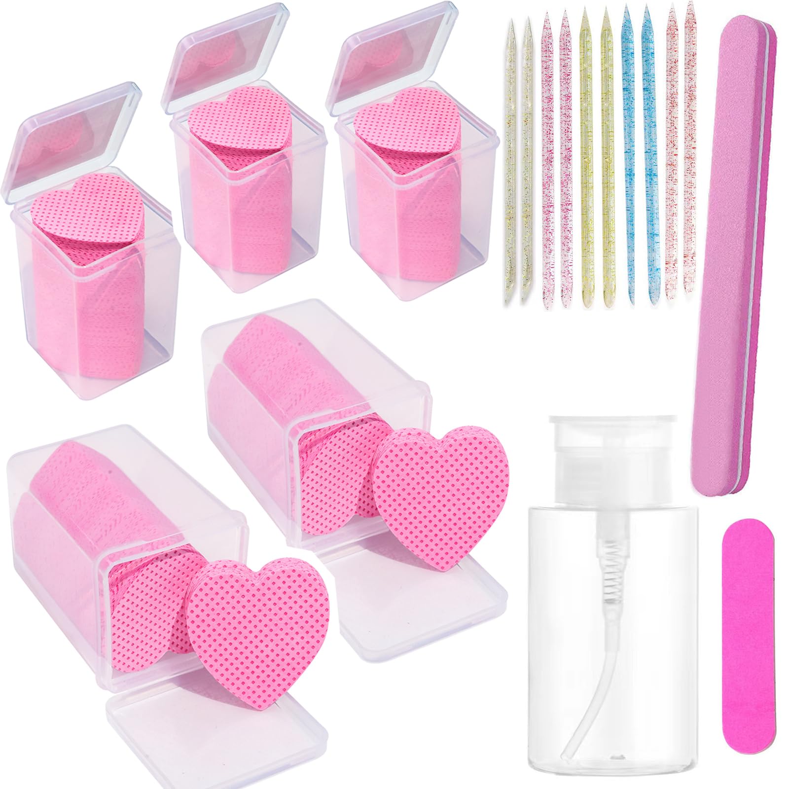 1000pcs Lint-Free Nail Polish Remover Wipes with Dispenser Bottle - Heart Shaped Cotton Pads Includes Nail File & Dotting Tool for Manicure & Nail Art (Pink) - Perfect for Salon, Home Use & Travel Nail Care Kit
