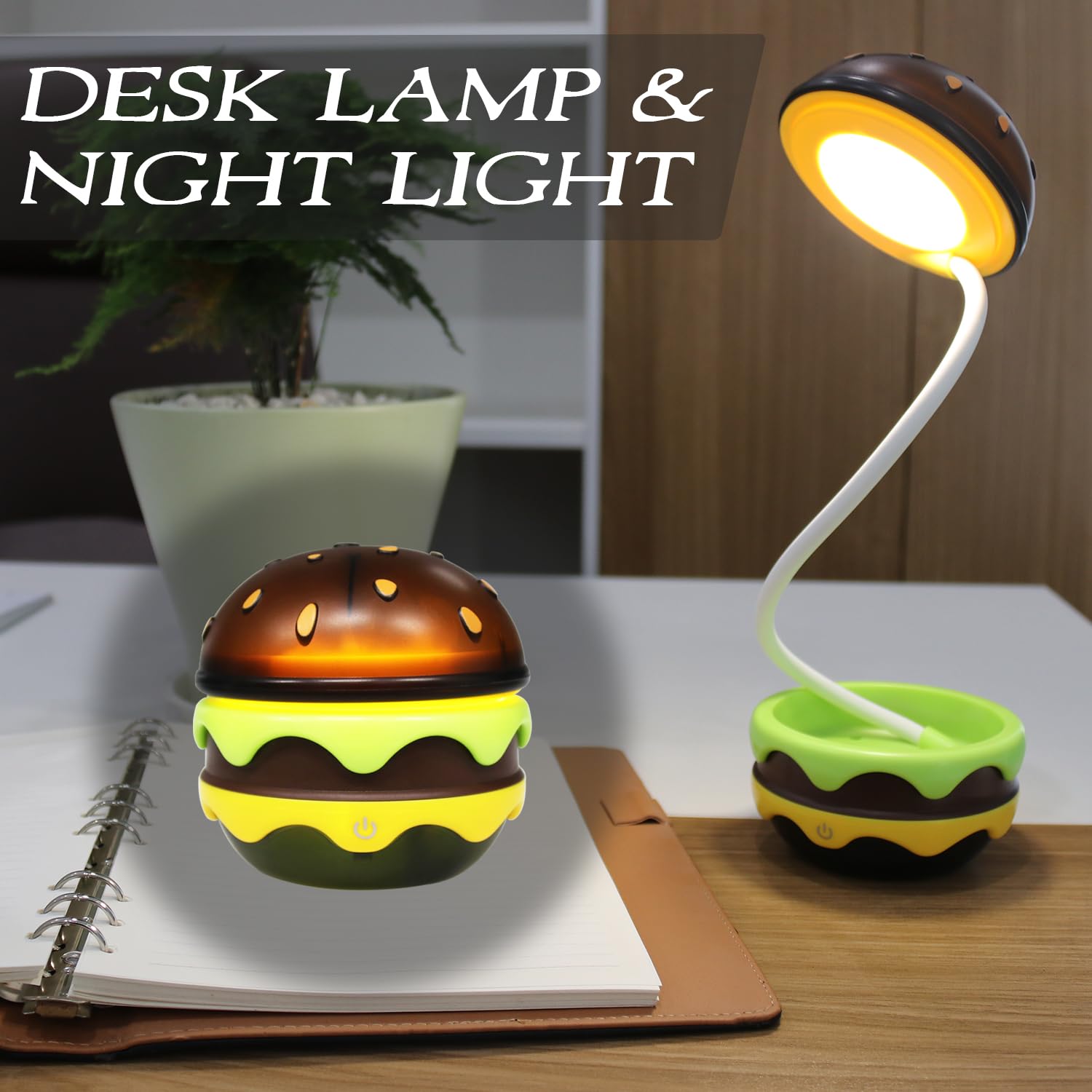 Rechargeable Hamburger Desk Lamp for Kids - Adjustable Neck, Dimmable Touch Switch, Cute Night Light for Nursery, Kawaii Room Decor & Gift for Boys & Girls | Perfect for Bedroom, Study Desk & Kids' Room Decor