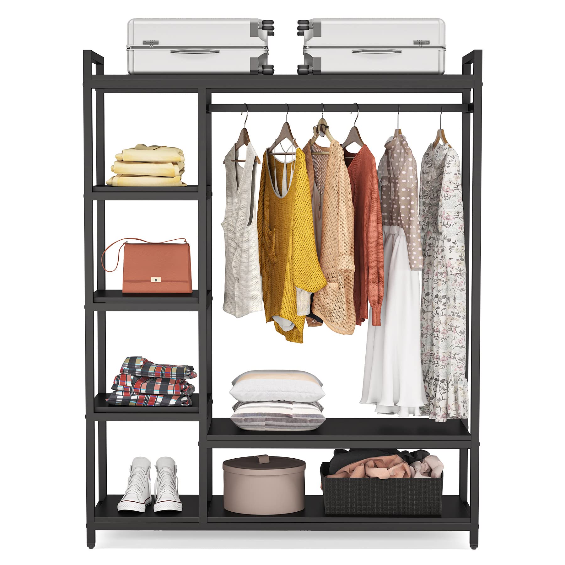 Free Standing Wood Closet Clothes Rack - Heavy Duty Garment Rack with Shelves, 350 lb Capacity - Bedroom Wardrobe Organizer for Hanging Clothes, Coats & Accessories - Perfect for Small Spaces, Dorm Rooms & Apartment Closets - Black