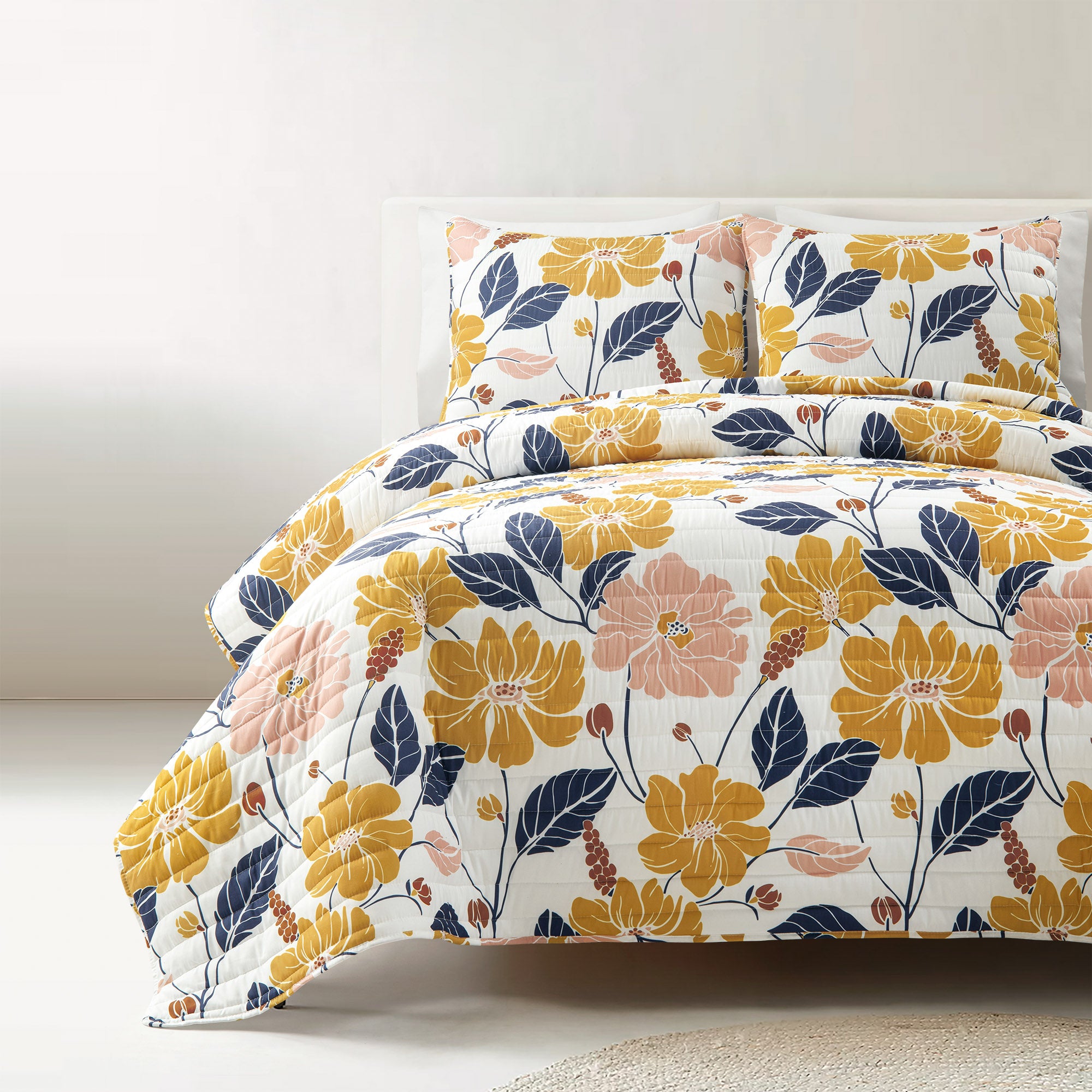 Lucia Abstract Floral Cotton Quilt Set - Queen Size Bedding with Matching Pillow Shams - Soft & Breathable Comforter Cover for Cozy Bedroom Decor