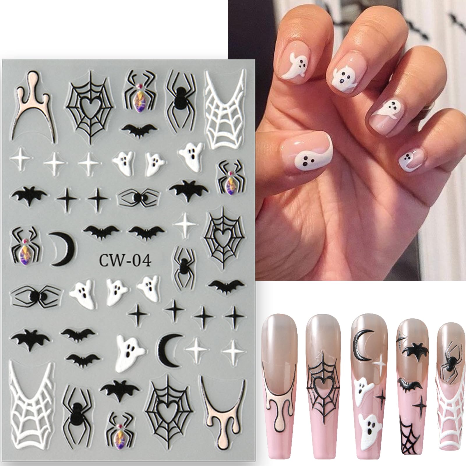 5D Ghost Nail Stickers - Halloween Nail Art Decals for Women, Party & Manicure