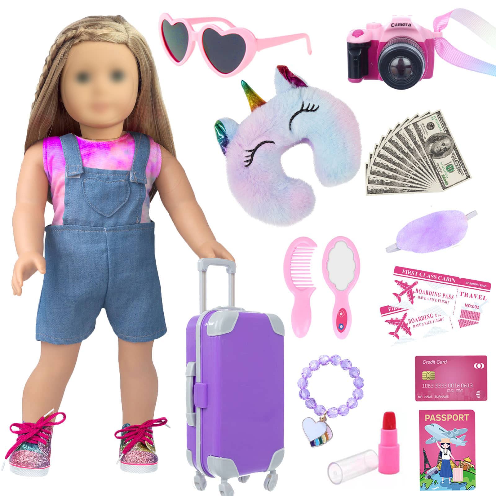Ywkis 18 Inch Girl Doll Travel Play Set - Complete Outfit with Suitcase, Clothes, Shoes, Sunglasses, Camera, Bracelet & Travel Pillow | Perfect for American Girl Dolls & 18