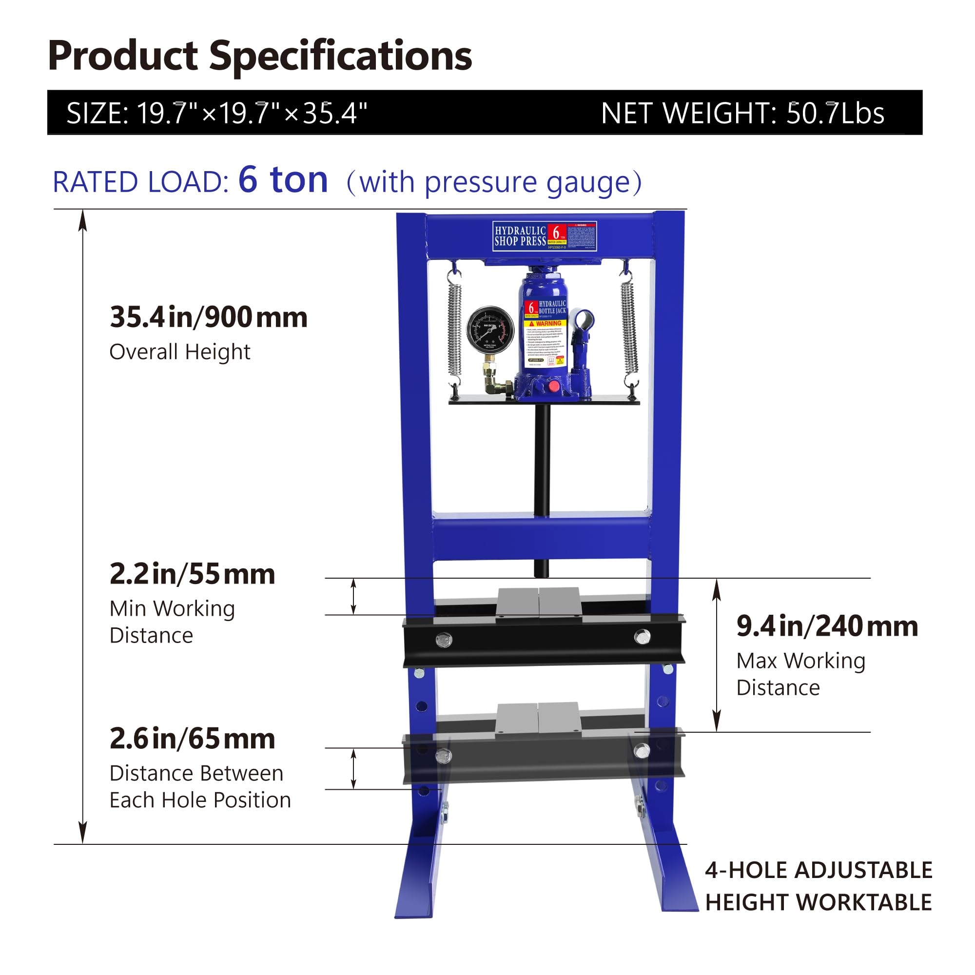 6 Ton Hydraulic Shop Press - Heavy Duty H-Frame Benchtop Press with Pressure Gauge, Adjustable Work Table & Steel Plates - Perfect for Bearing Removal, Gear Repair, Metalworking in Garage & Workshop
