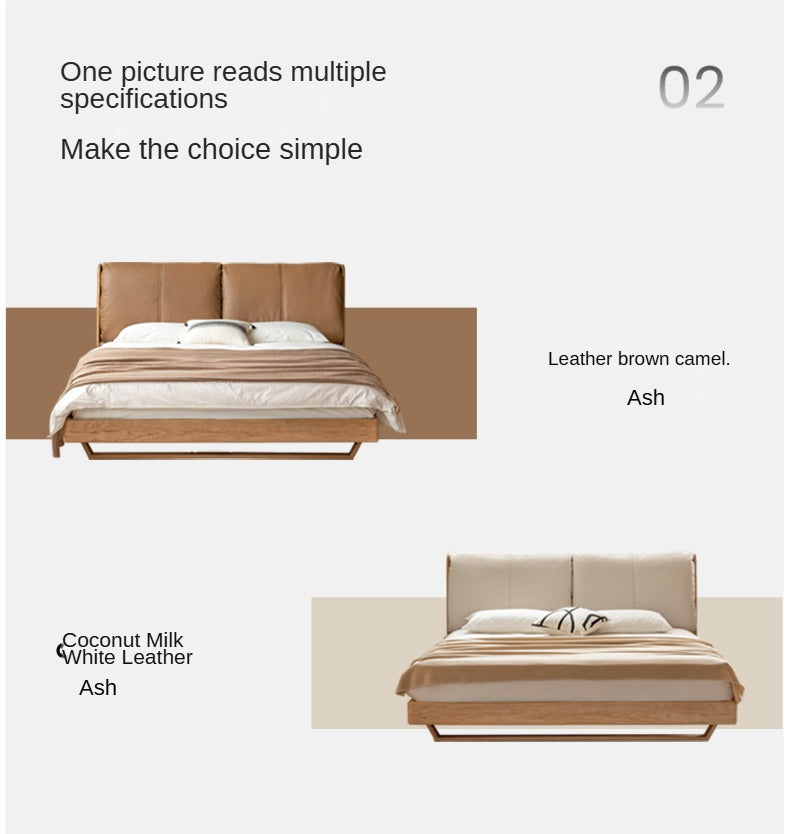 Italian Light Luxury Oak & Ash Solid Wood Leather Upholstered Suspended Bed - Elegant Master Bedroom Furniture for Modern Home Decor