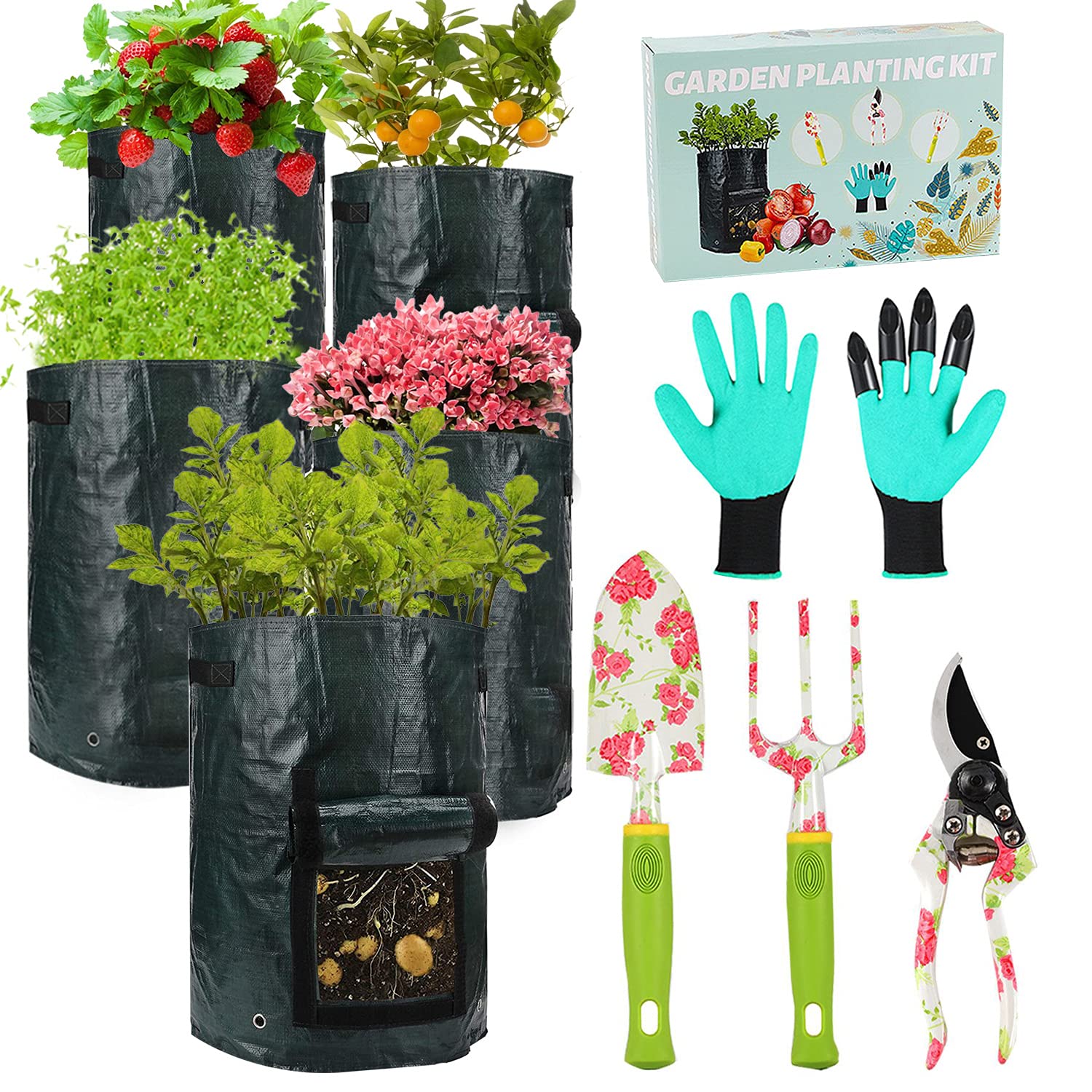 Premium 9-Piece Heavy Duty Gardening Tools Set with 5x10 Gallon Grow Bags & 4 Aluminum Hand Tools + Gloves - Ideal Gift for Gardeners, Perfect for Planting, Weeding & Outdoor Landscaping