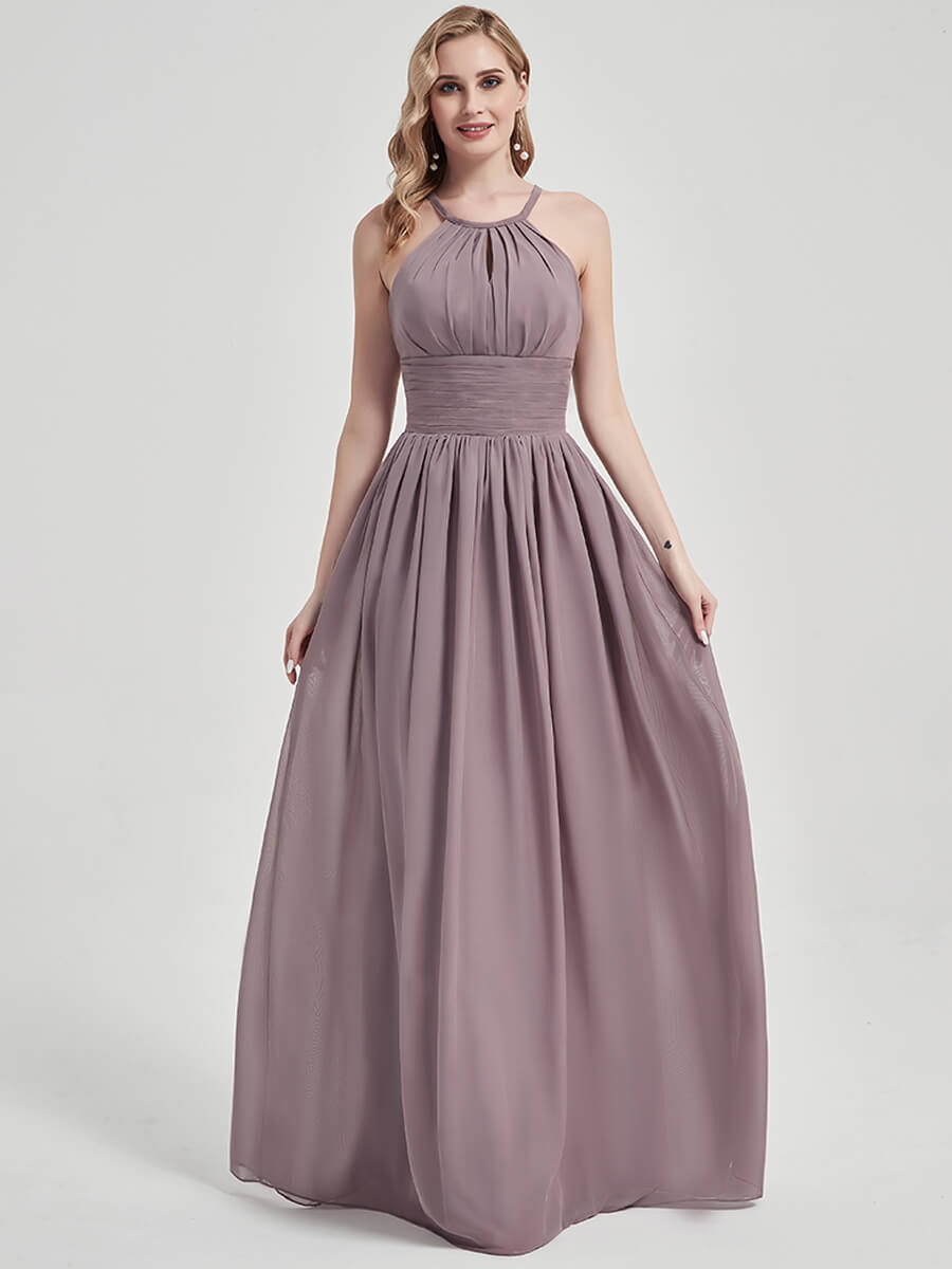Elegant Dusk Pleated Halter Neck Sleeveless A-Line Chiffon Bridesmaid Dress for Weddings & Formal Events - Perfect for Summer Beach Weddings, Evening Parties & Special Occasions