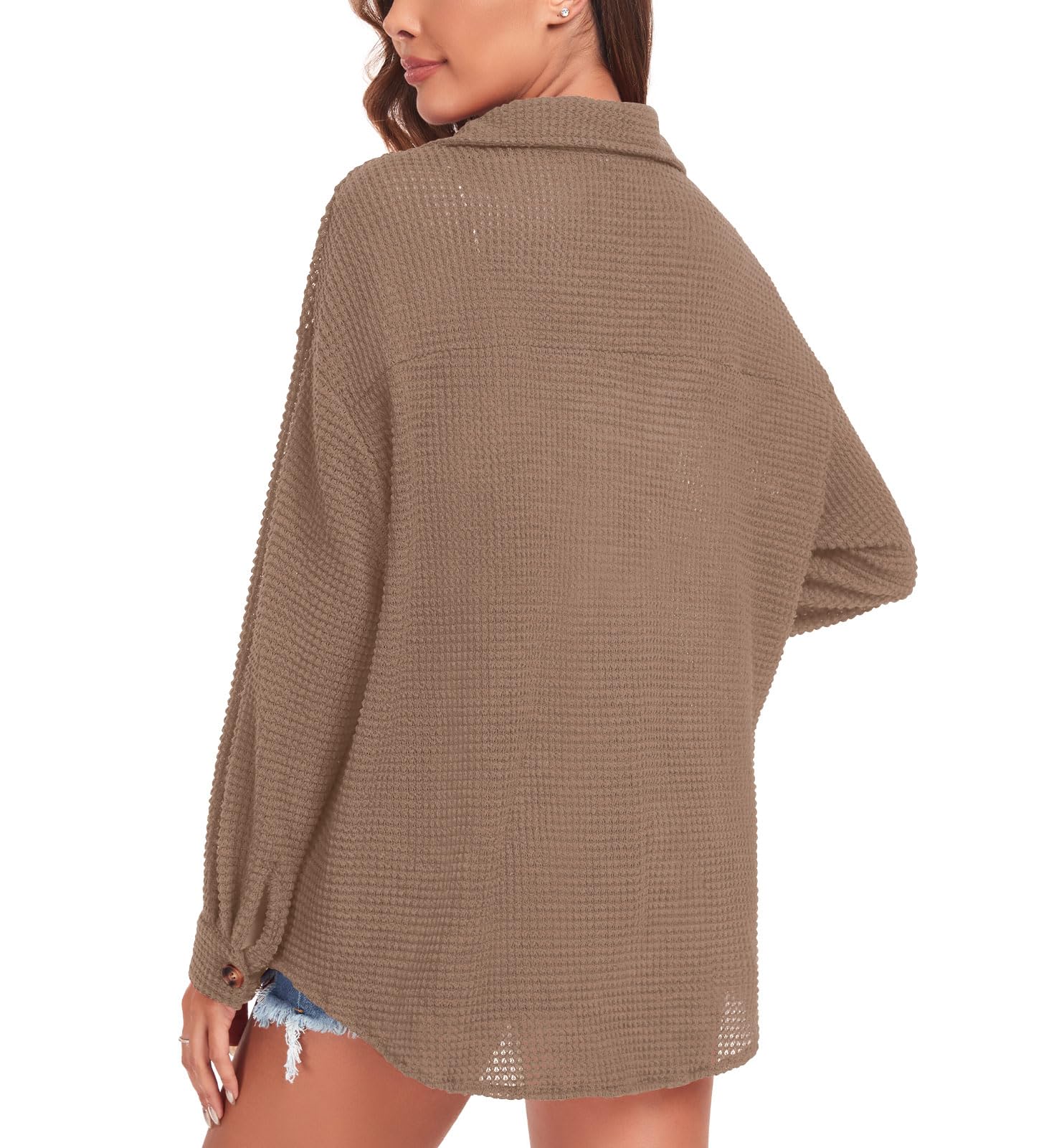 Anyhold Women's Waffle Knit Shacket Jacket - Plus Size Button Down Shirt with Long Sleeves for Fall | Casual & Dressy Tops for Work, Date Night & Everyday Wear