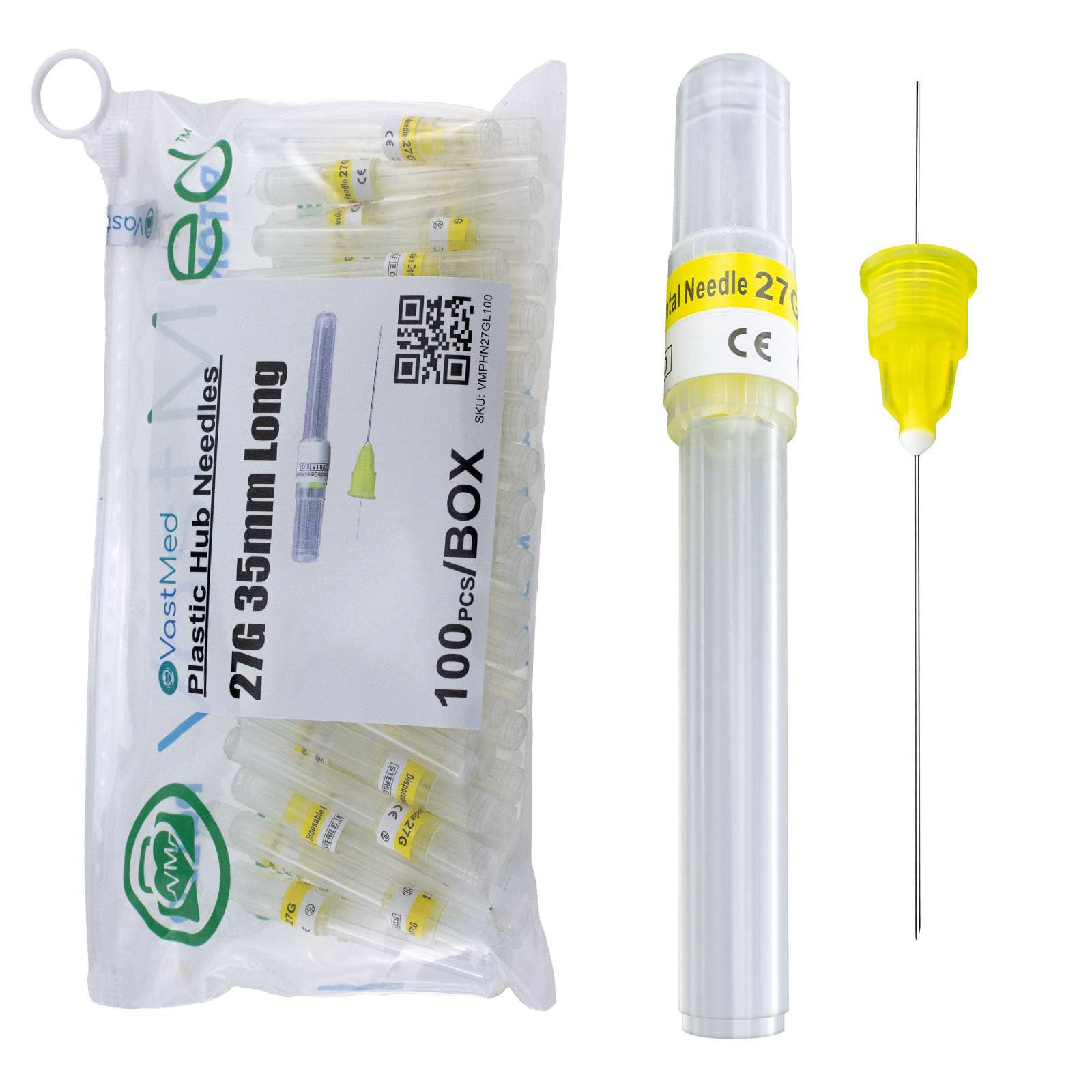 300PCs Dental Grade Plastic Hub Needles 27G Long - Disposable Self-Threading Tri-Bevel Needles for Dental Procedures | Professional Use for Anesthesia, Fillings & Oral Surgery | VASTMED