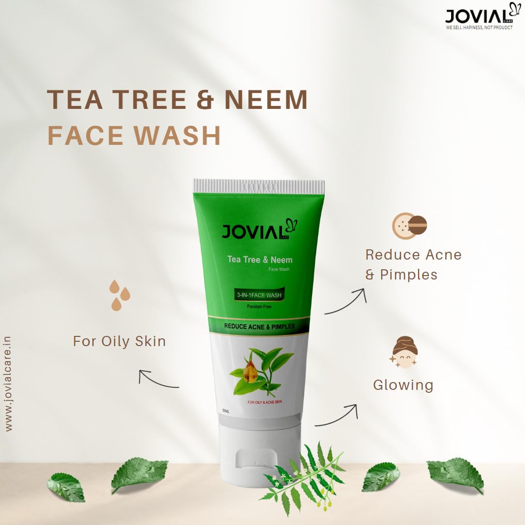JOVIAL CARE Neem & Tea Tree Face Wash for Acne & Oily Skin - Reduces Pimples & Controls Oil | 100ml (Pack of 2) | Gentle Daily Cleanser for Clear, Healthy Skin - Perfect for Morning & Night Skincare Routine