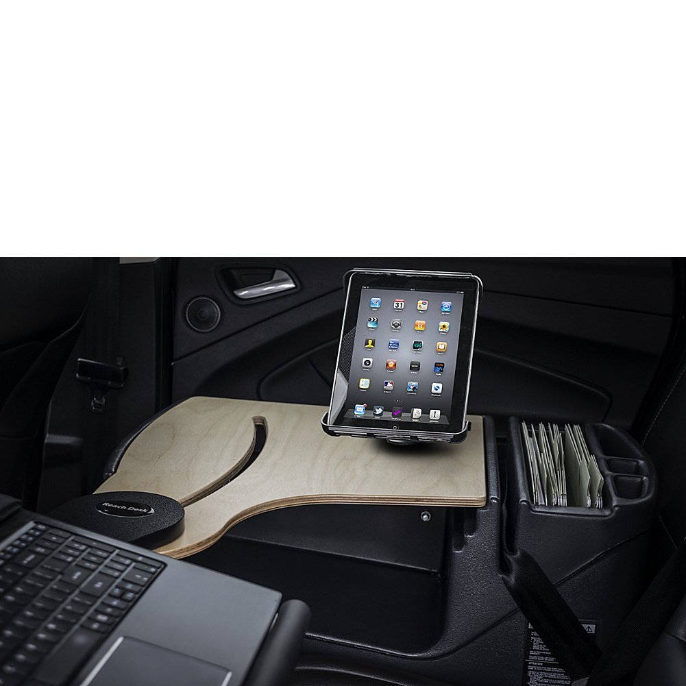 AutoExec AUE18018 Reach Desk Back Seat Car Desk - Birch Finish with Built-in 200W Power Inverter & Tablet Mount - Perfect for Road Trips, Work from Car & Kids Activities