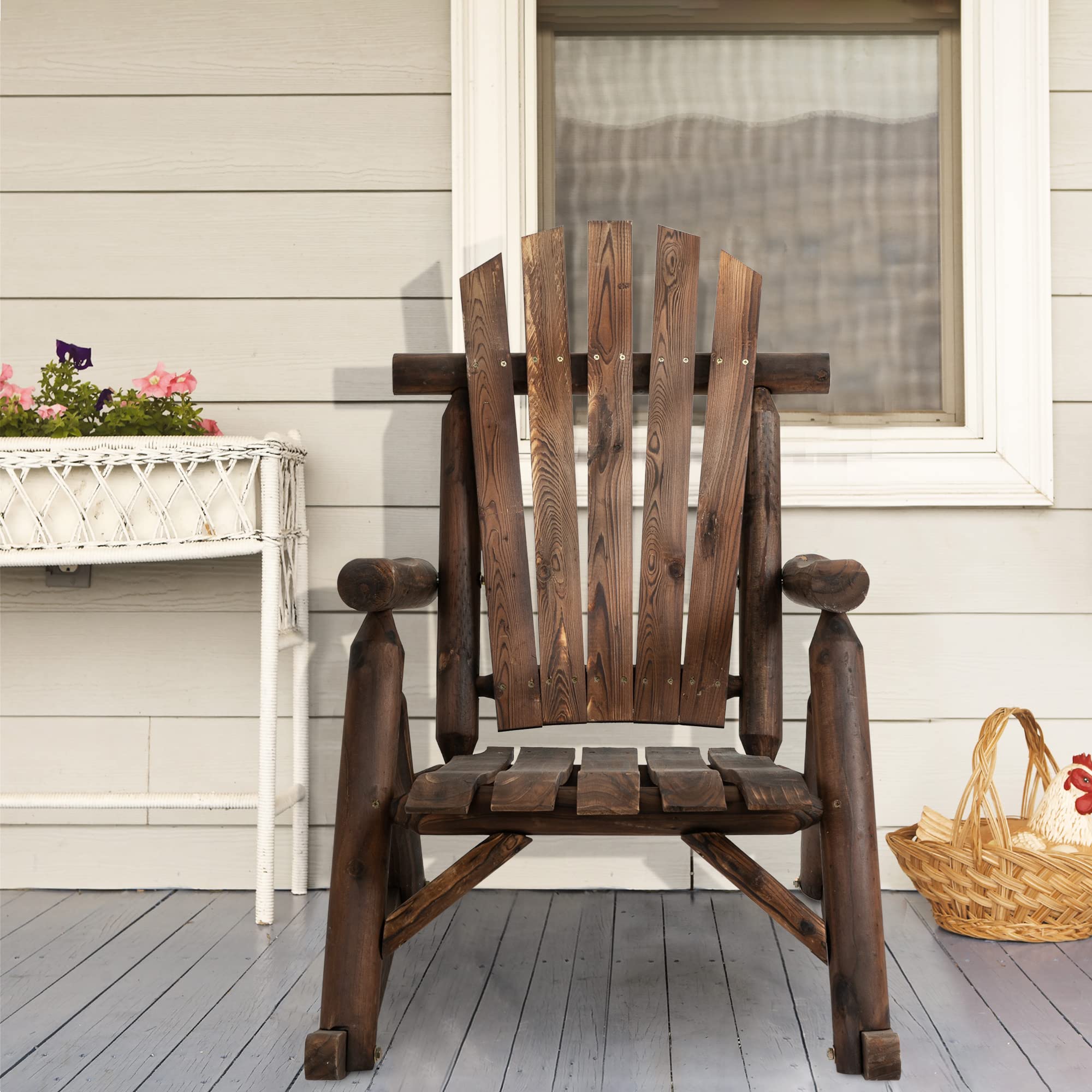 Outsunny Outdoor Wooden Rocking Chair - Single-Person Adirondack Rocking Patio Chair with Rustic High Back & Slatted Seat - Perfect for Garden, Backyard, Porch, Deck & Indoor Use - Carbonized Finish - Comfortable Relaxation Chair for Reading & Lounging