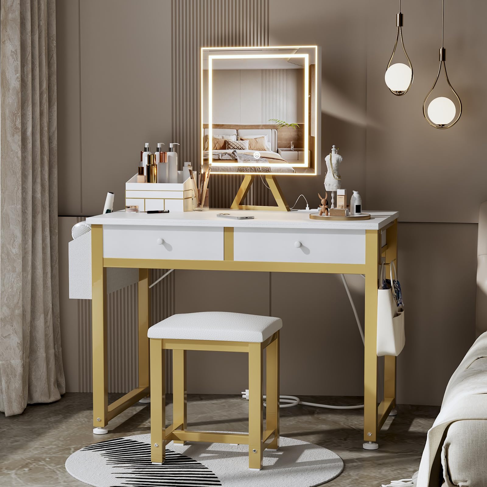 Lufeiya 32 Inch White Vanity Desk with Mirror, Lights & Fabric Drawers - Dressing Table & Chair Set with Power Outlet for Girls Bedroom (White Gold) | Perfect for Makeup, Skincare & Hair Styling