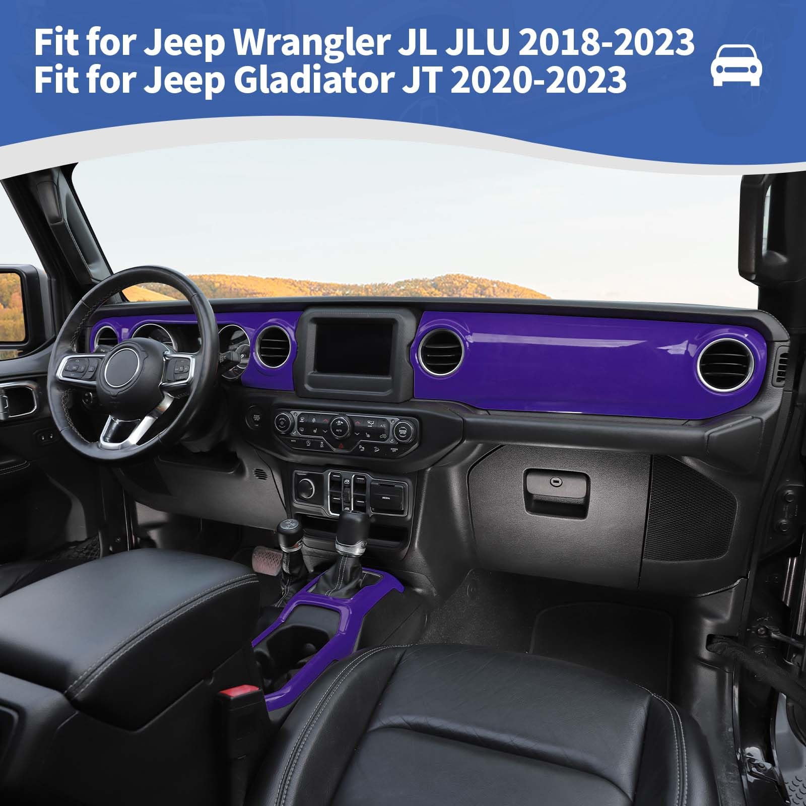 RT-TCZ Purple Dash Trim Cover & Gear Shift Panel Frame for Jeep Wrangler JL/JLU/Gladiator JT (2018-2023) - 3pc Interior Accessories - Enhance Your Ride's Style & Protection