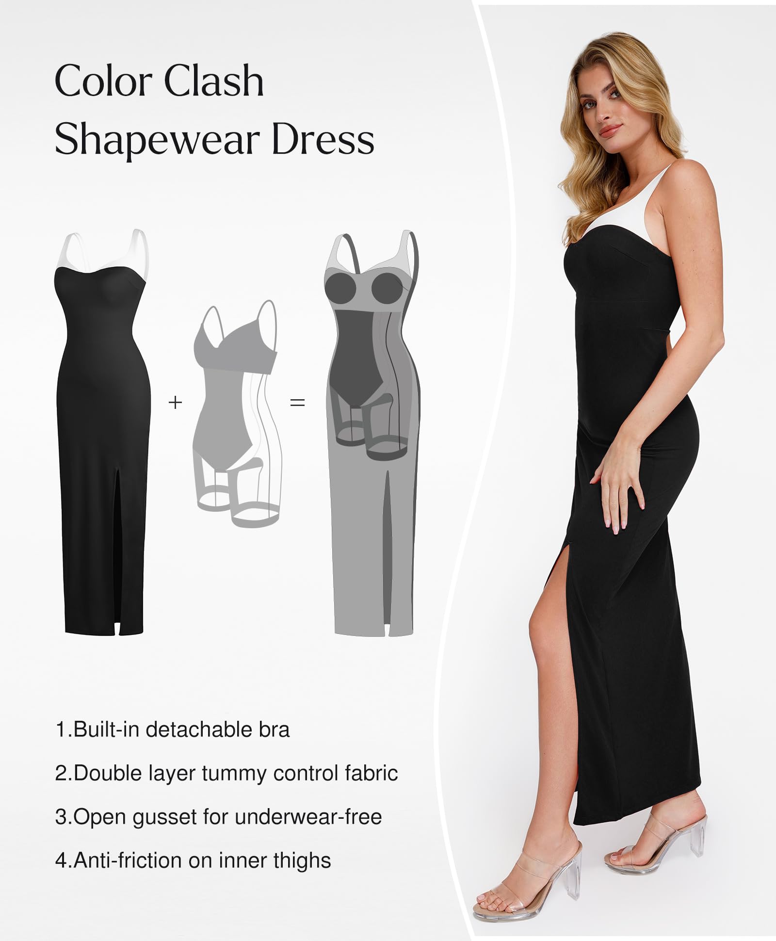 Popilush Shapewear Dress with Built-in Bra - Slimming Formal Maxi Bodycon Dress with Contrast Trim for Cocktail Parties & Evening Events | Perfect for Weddings, Date Nights & Special Occasions