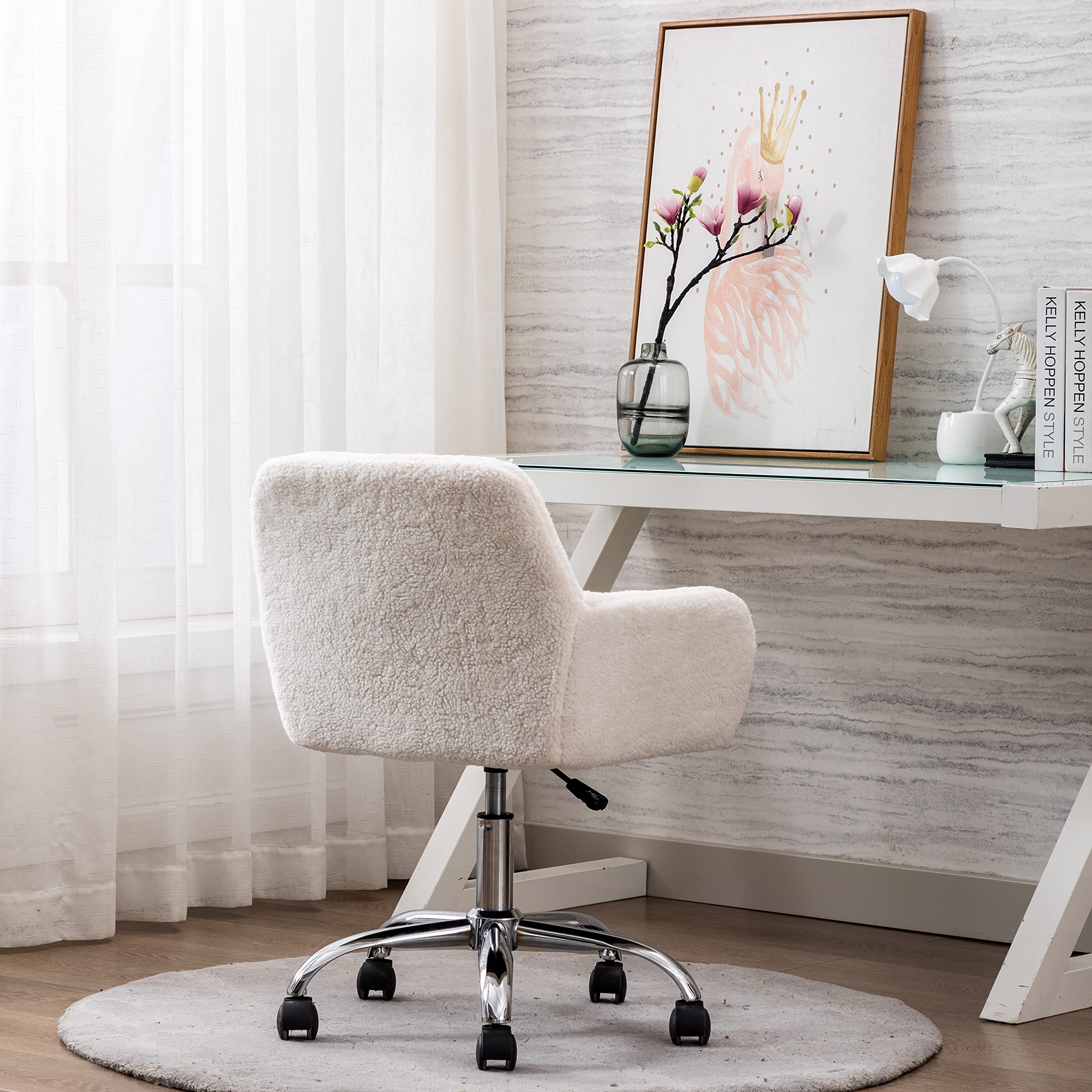 Fluffy Pink Faux Fur Swivel Desk Chair with Wheels - Adjustable Height Vanity Chair for Makeup Room, Teen Girls Bedroom & Home Office - Soft Computer Chair for Study, Gaming & Workspace (White)