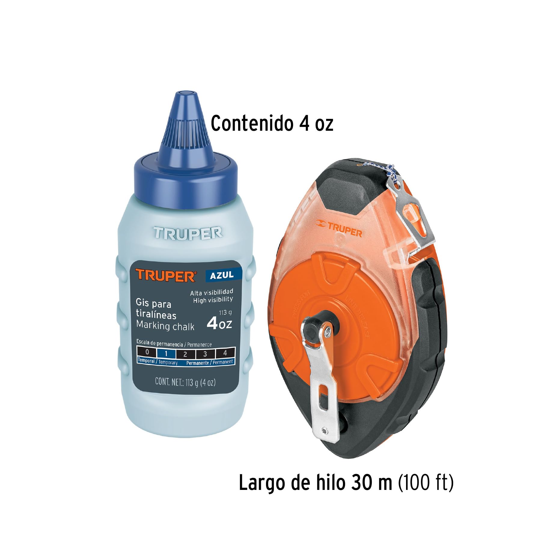 TRUPER TL-100 100 ft (30 m) Professional Chalk Line Reel Kit with Durable Plastic Case & Bright Chalk - Perfect for Construction, Carpentry, and DIY Home Projects