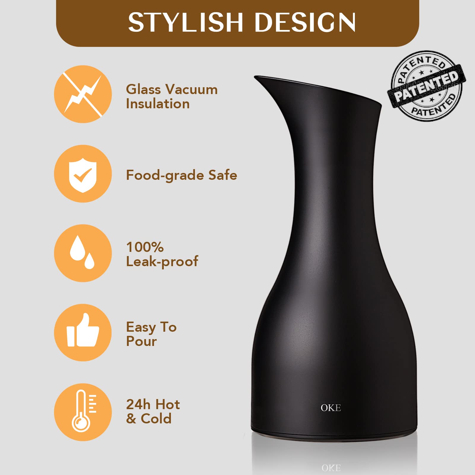 OKE 20 Oz Thermal Coffee Carafe - Double Walled Vacuum Insulated Glass Lined Thermos for Hot Coffee - Black Coffee Dispenser for Home, Office & Restaurants