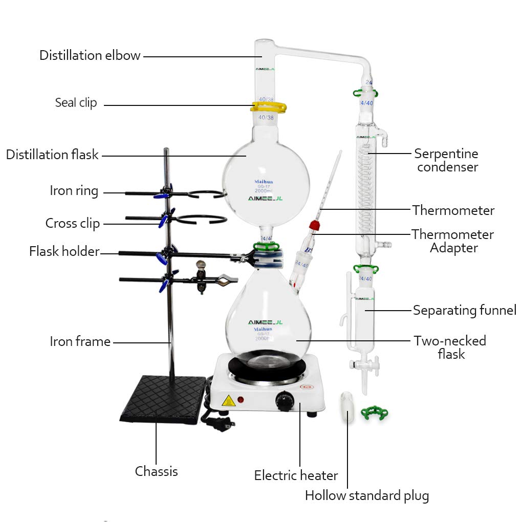 2000ml Essential Oil Distillation Kit - Glass Water Distiller Purifier with Hot Stove & Graham Condenser for Hydrosol, Moonshine & Alcohol | Lab-Grade 24/40 Joint S35 Glassware | Perfect for Aromatherapy, Home Brewing & Herbal Extraction