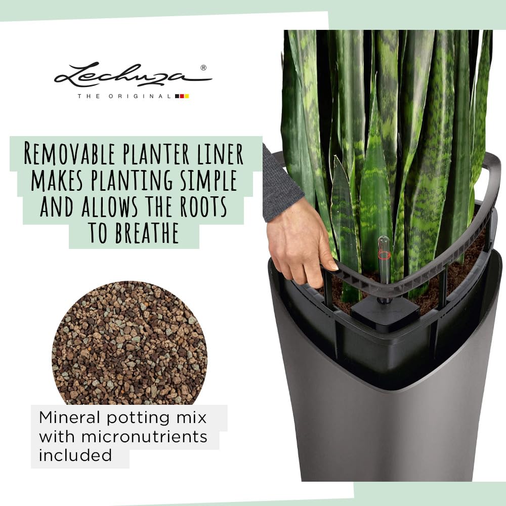 Lechuza Delta 40 Self-Watering Planter - Large Indoor/Outdoor Garden Flower Pot with Drainage Holes & Plant Substrate - 29.5 Inch (75cm) Charcoal Metallic Polyresin - Perfect for Living Room, Patio, or Office Decor
