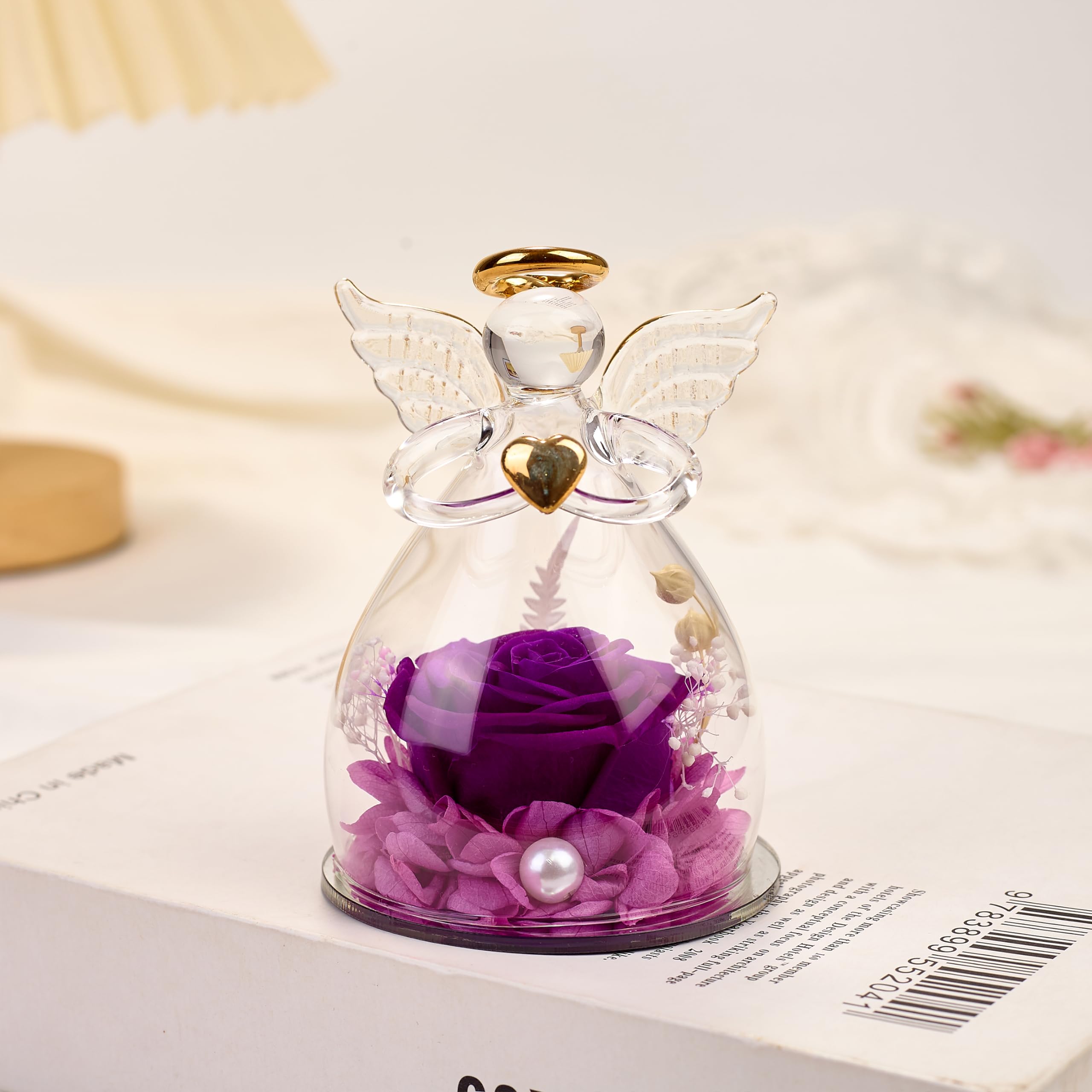 Real Preserved Rose in Glass Angel Figurine - Unique Birthday Gift for Mom, Grandma & Women | Thoughtful Present from Daughter & Son | Home Decor, Anniversary Keepsake, Valentine's Day Gift Idea