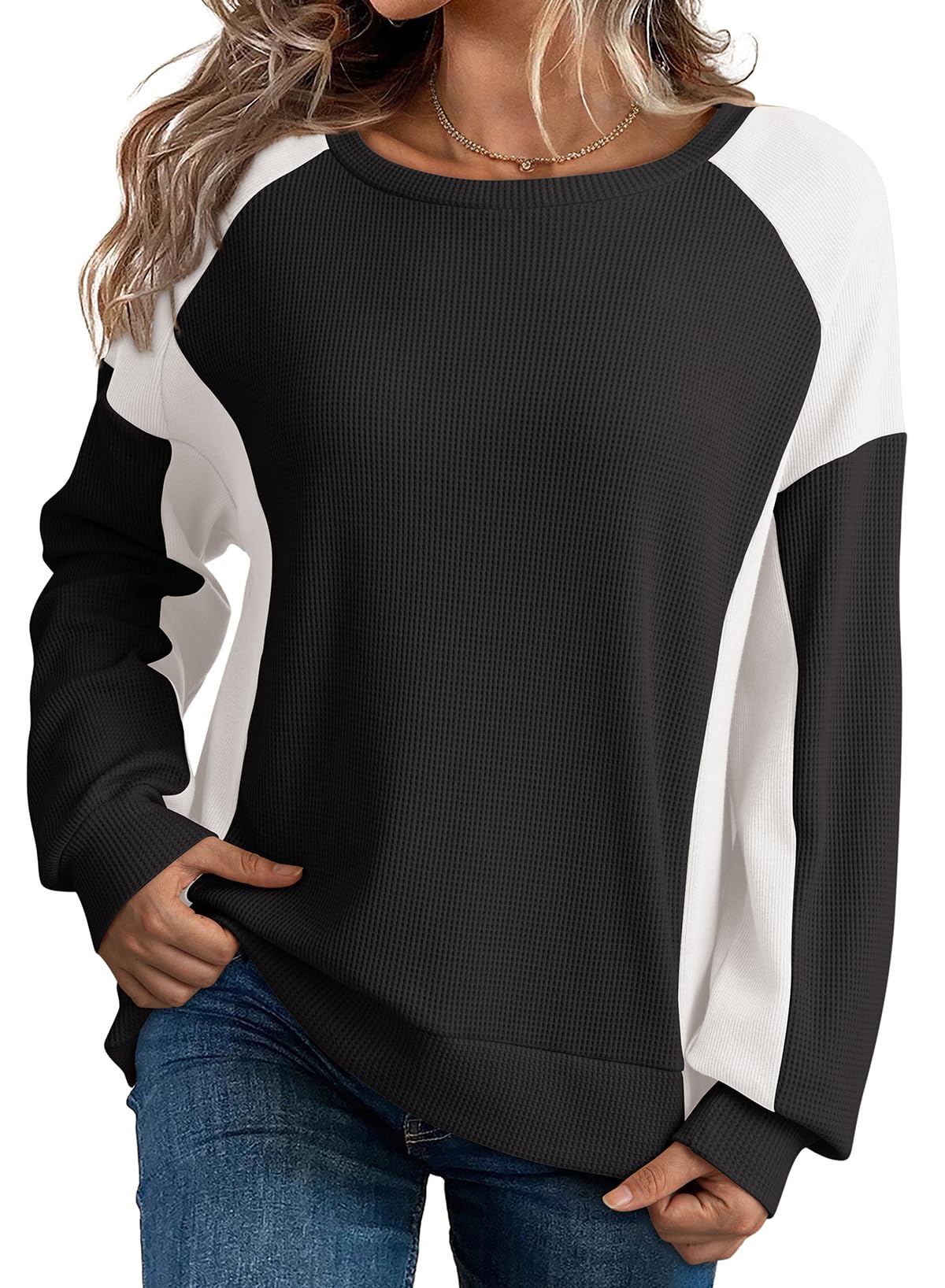 Women's Oversized Waffle Knit Color Block Crewneck Sweatshirt - Casual Long Sleeve High-Low Pullover Top | Perfect for Lounge Wear, Fall Outfits & Street Style Fashion