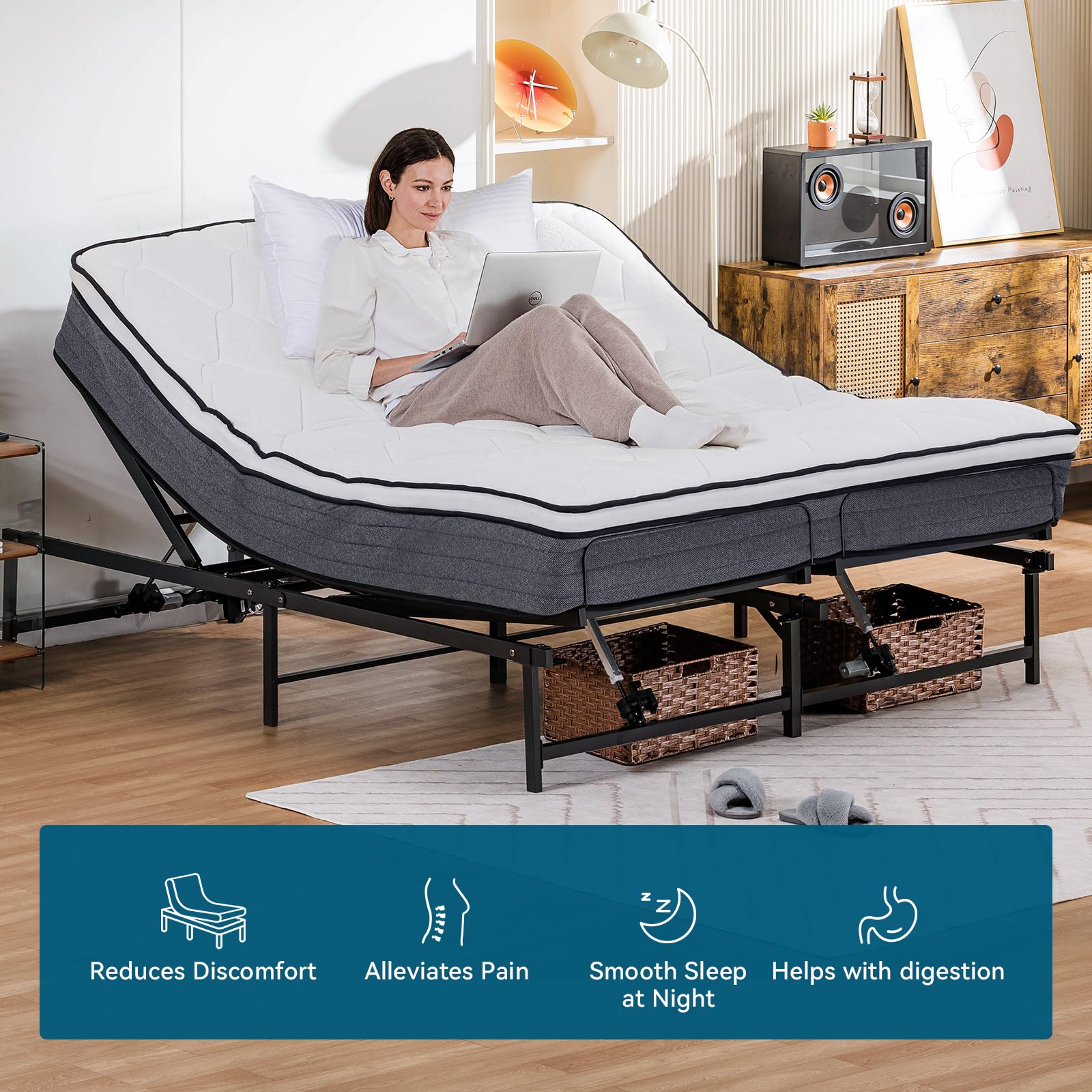 COMHOMA King Size Adjustable Bed Frame with Remote Control - Independent Head & Foot Incline, Mattress Holder - Bed Base Only (73