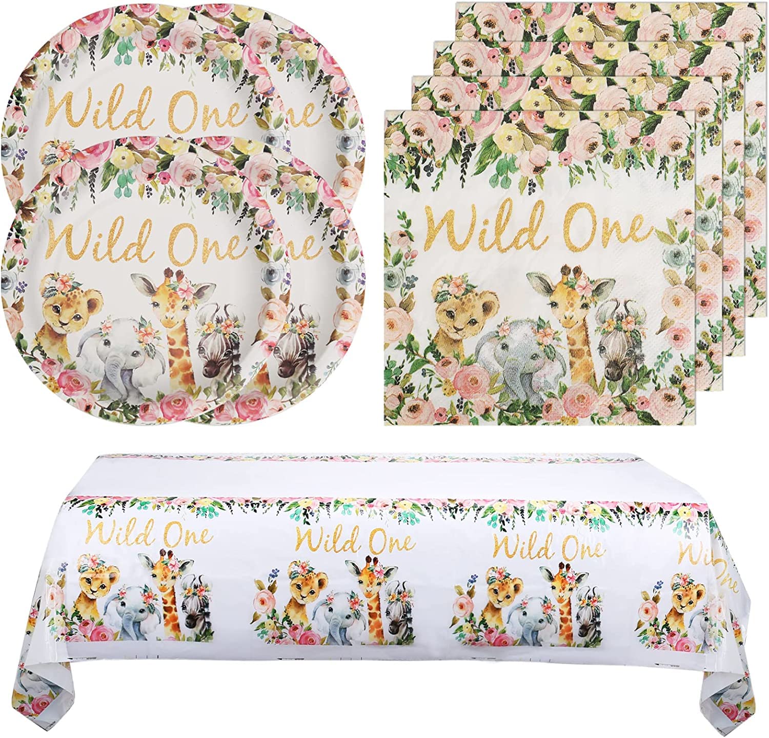 Wild One Birthday Party Supplies for Girls - 20 Paper Plates, 20 Napkins & Tablecloth - 1st Birthday Theme Decorations - Perfect for Wild One Themed Parties, Baby Showers & Gender Reveals