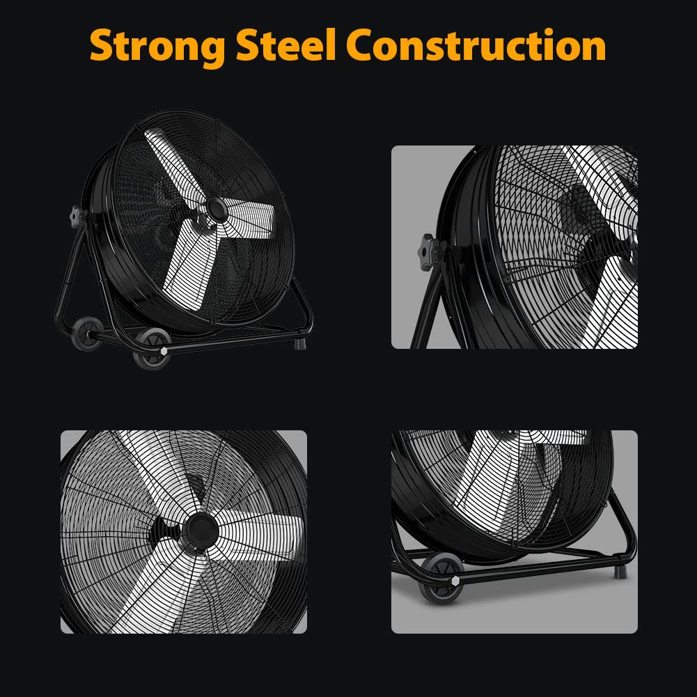 LifePlus 24 Inch Industrial Drum Fan - High Velocity Floor Fan with 3 Speed Settings, Heavy Duty Metal Air Circulator, 360° Tilt & Casters Handle (ETL Certified) - 8900 CFM for Warehouse, Patio, Commercial Use & Home Cooling