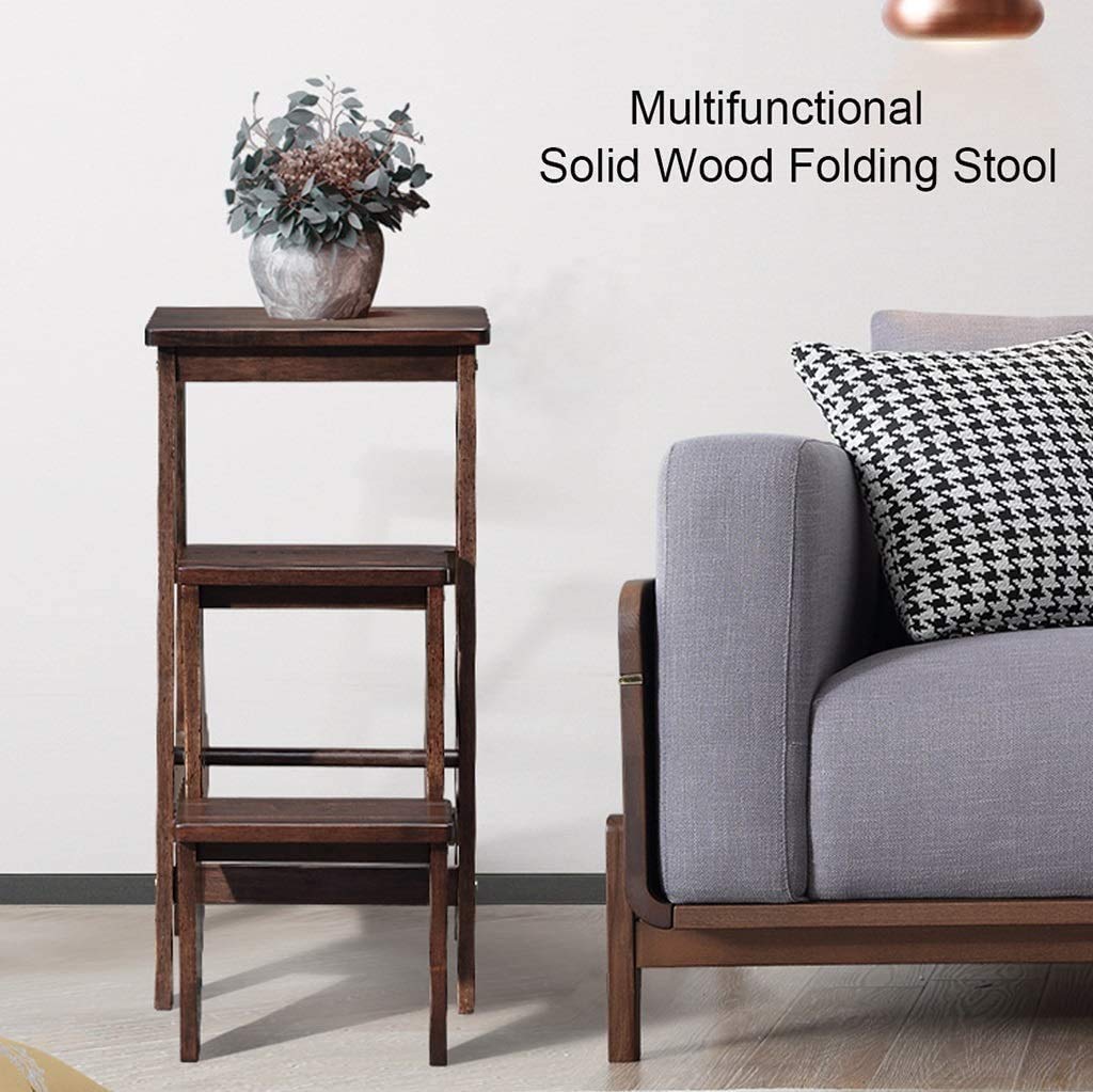 3-Step Folding Wooden Step Stool for Bedroom & Kitchen - Walnut Color, Compact Storage, Multi-Purpose Foot Stool & Plant Stand - Perfect for Home, Office, and Small Spaces