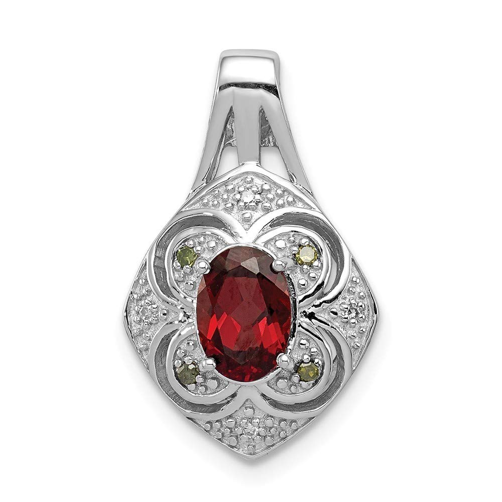 925 Sterling Silver Textured Oval Pendant Necklace with White Green Diamond & Garnet - Elegant Jewelry Gift for Women, Perfect for Anniversary, Birthday, Valentine's Day & Special Occasions