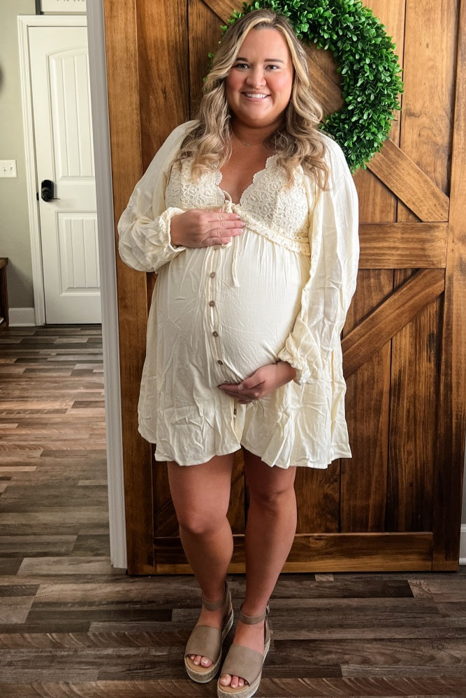 Beige Crochet Lace Button Front Maternity Dress for Pregnancy Photos, Baby Shower & Special Occasions - Comfortable Nursing Dress for Expecting Mothers