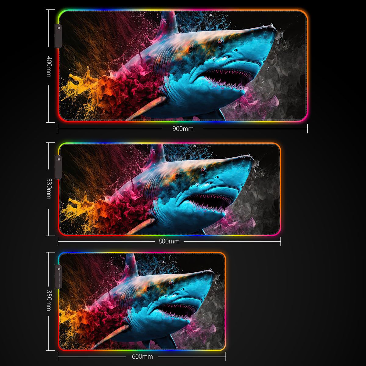 HEYCE Shark LED Gaming Mouse Pad - 60x35x0.3cm Large RGB Mouse Mat for PC, Laptop, Computer - Perfect for Office Work, Gaming & Home Use - Non-Slip Surface with Colorful Animal Design