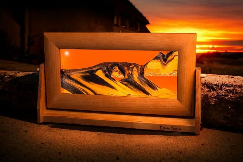 Exotic Sands - Premium American-Made Hourglass Sand Timer with Medium Alder Frame (Sunset Orange Liquid) | Unique Sandscape Art | Perfect Gift for Home Decor, Office Desk & Meditation Spaces